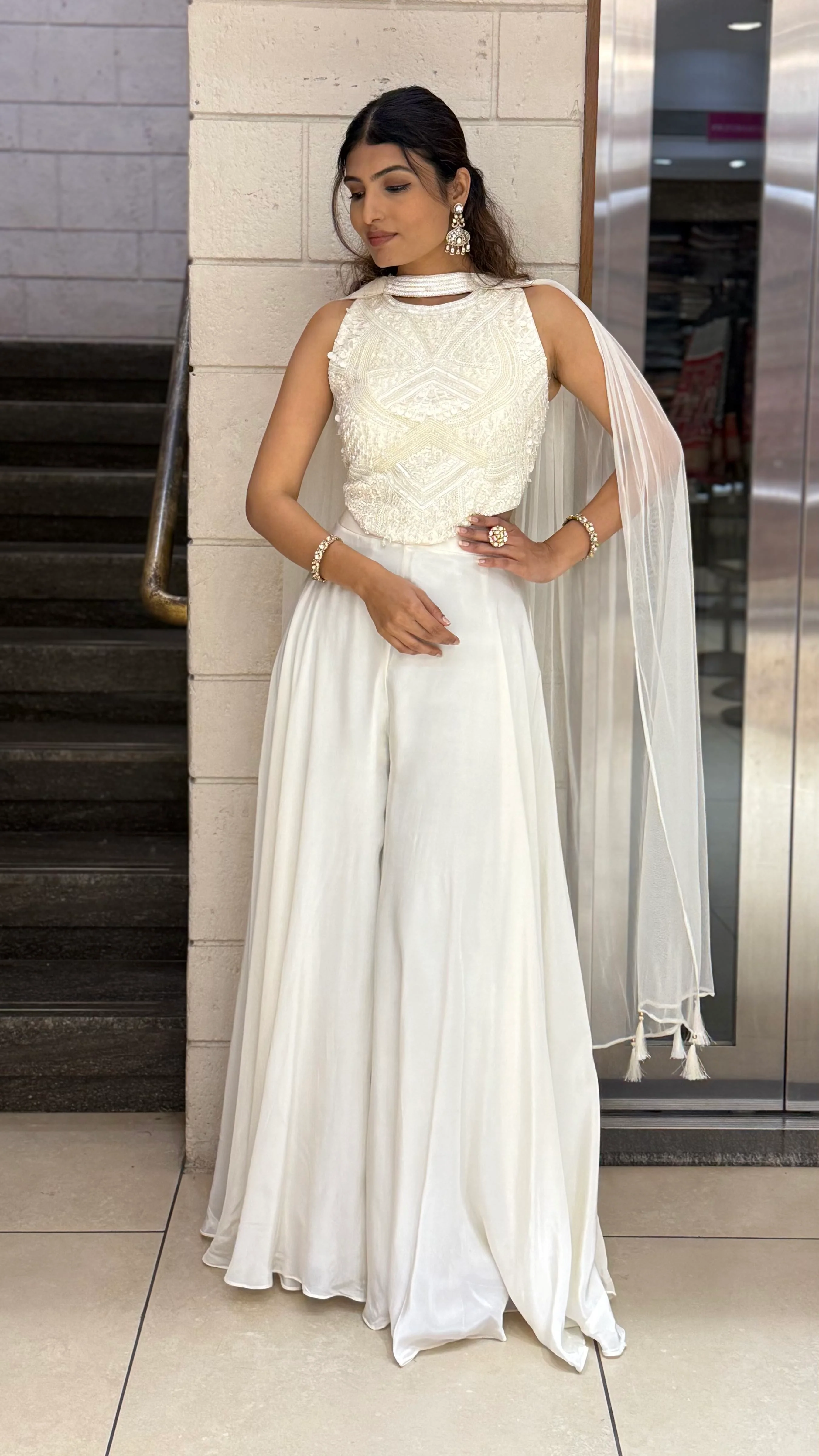 Ivory White Embellished Indo-Western Sleeveless Top with Flowing Palazzo & Cape Dupatta - Image 4