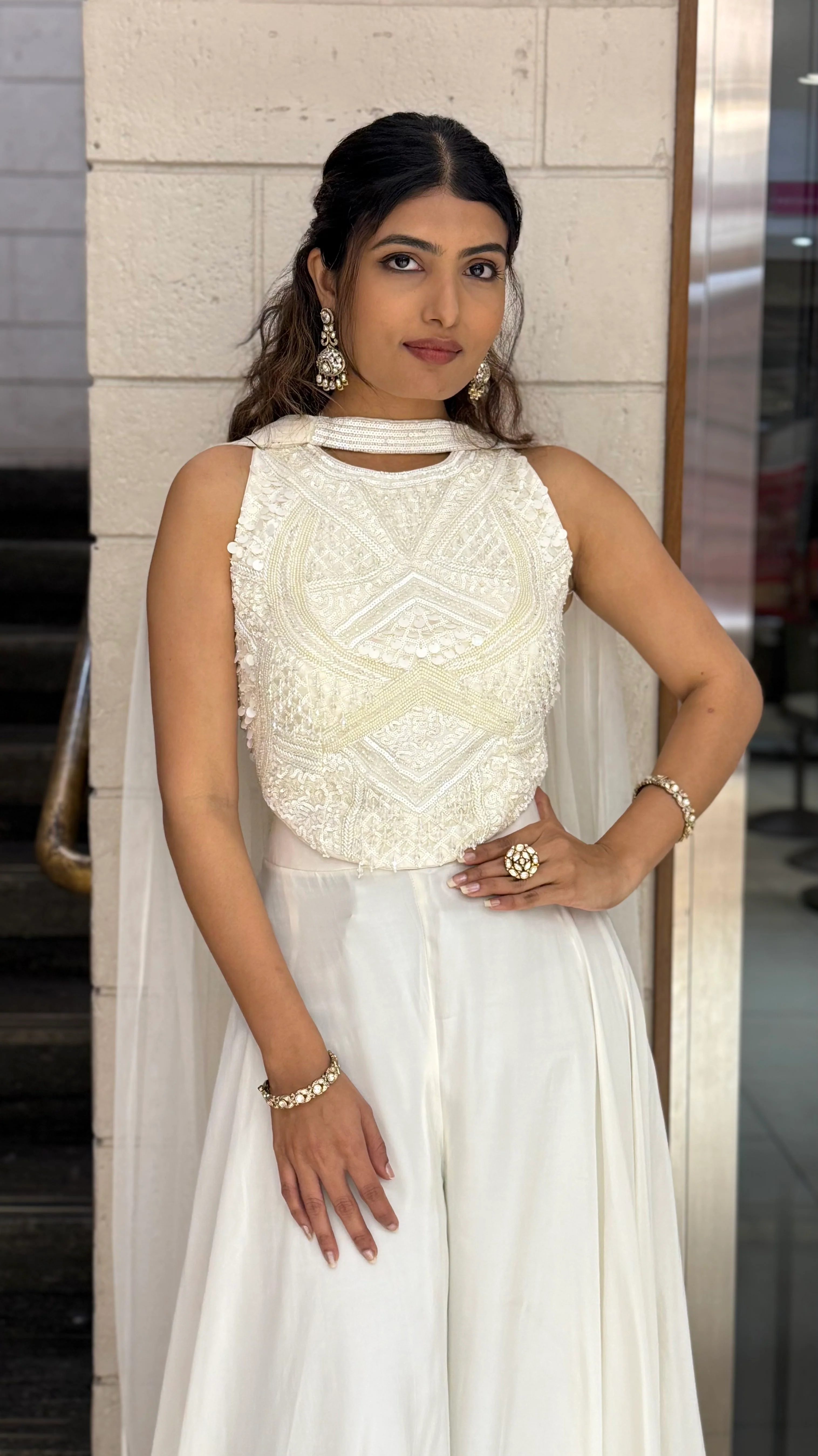 Ivory White Embellished Indo-Western Sleeveless Top with Flowing Palazzo & Cape Dupatta - Image 5