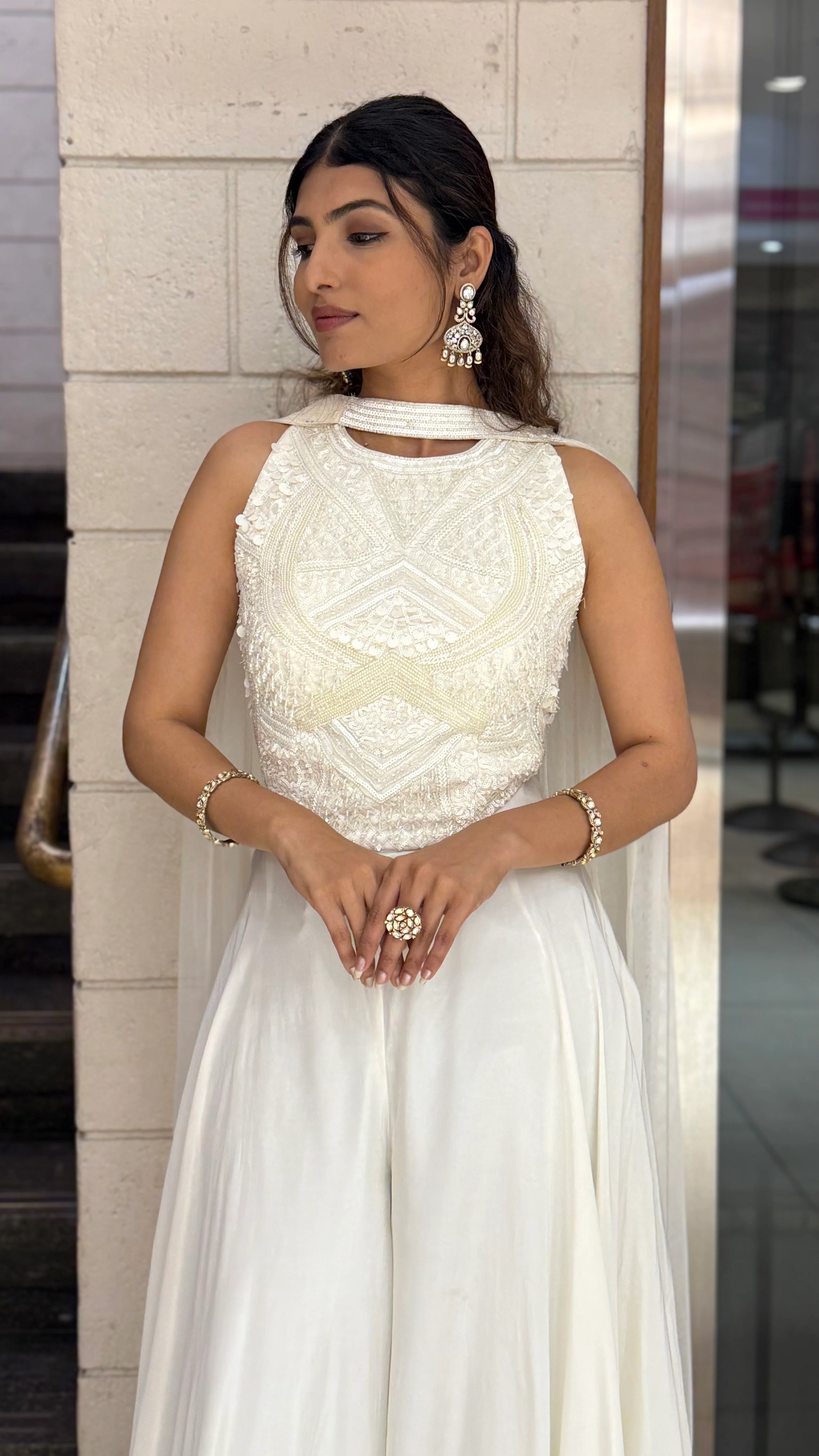 Ivory White Embellished Indo-Western Sleeveless Top with Flowing Palazzo & Cape Dupatta - Image 6