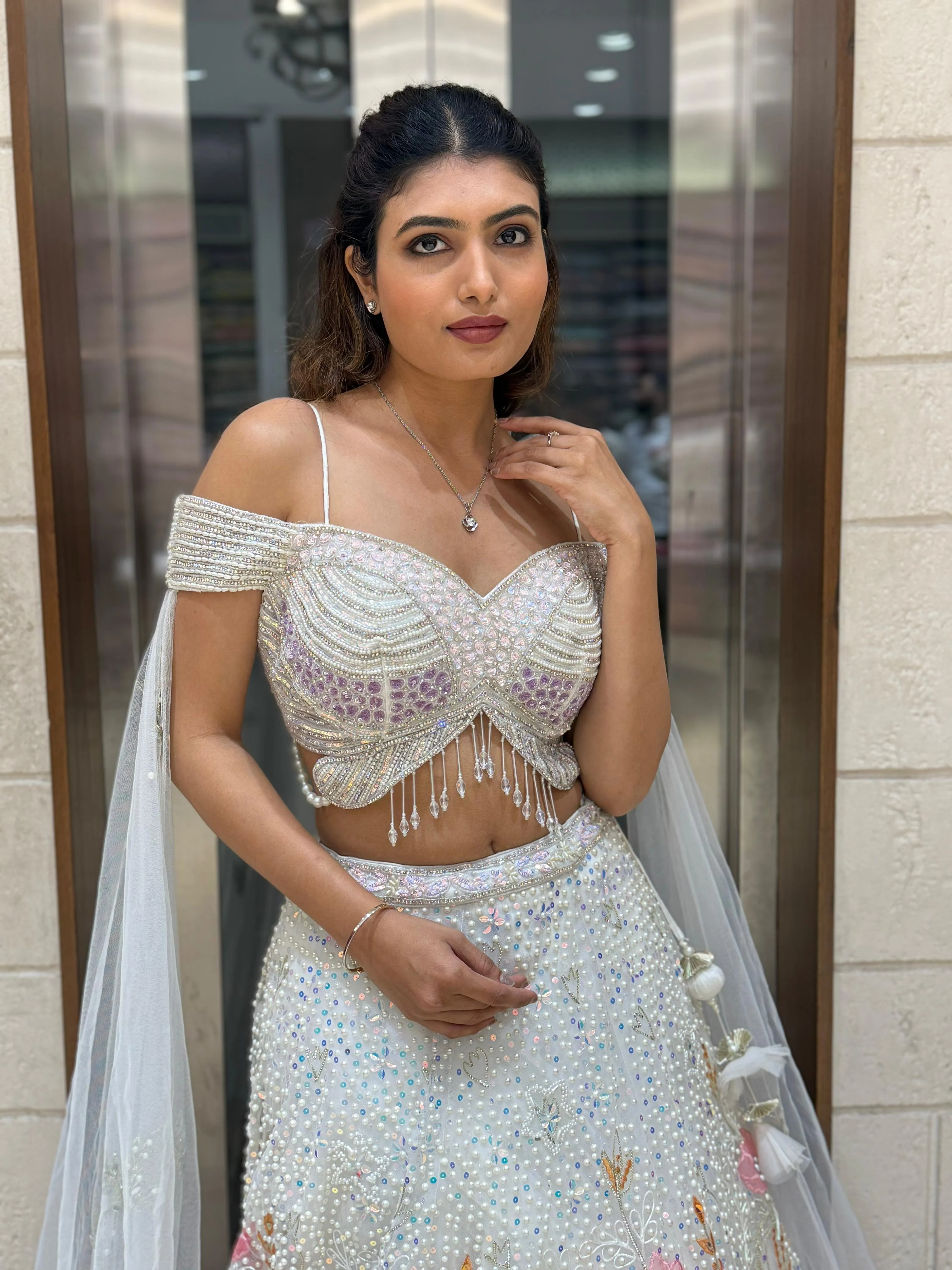 Ivory White Embellished Lehenga with Off-Shoulder Beaded Blouse & Dupatta - Image 2