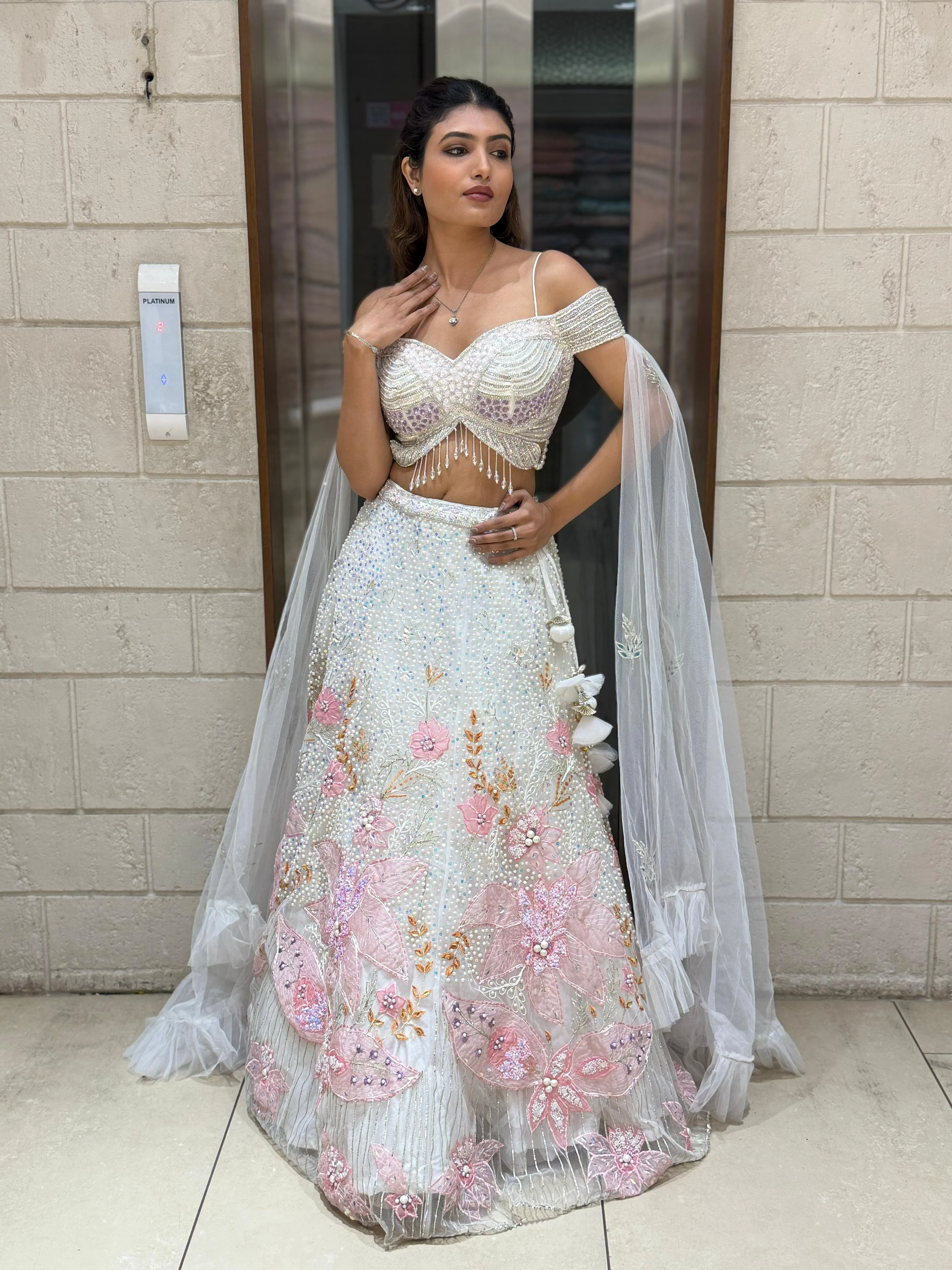Ivory White Embellished Lehenga with Off-Shoulder Beaded Blouse & Dupatta - Image 3