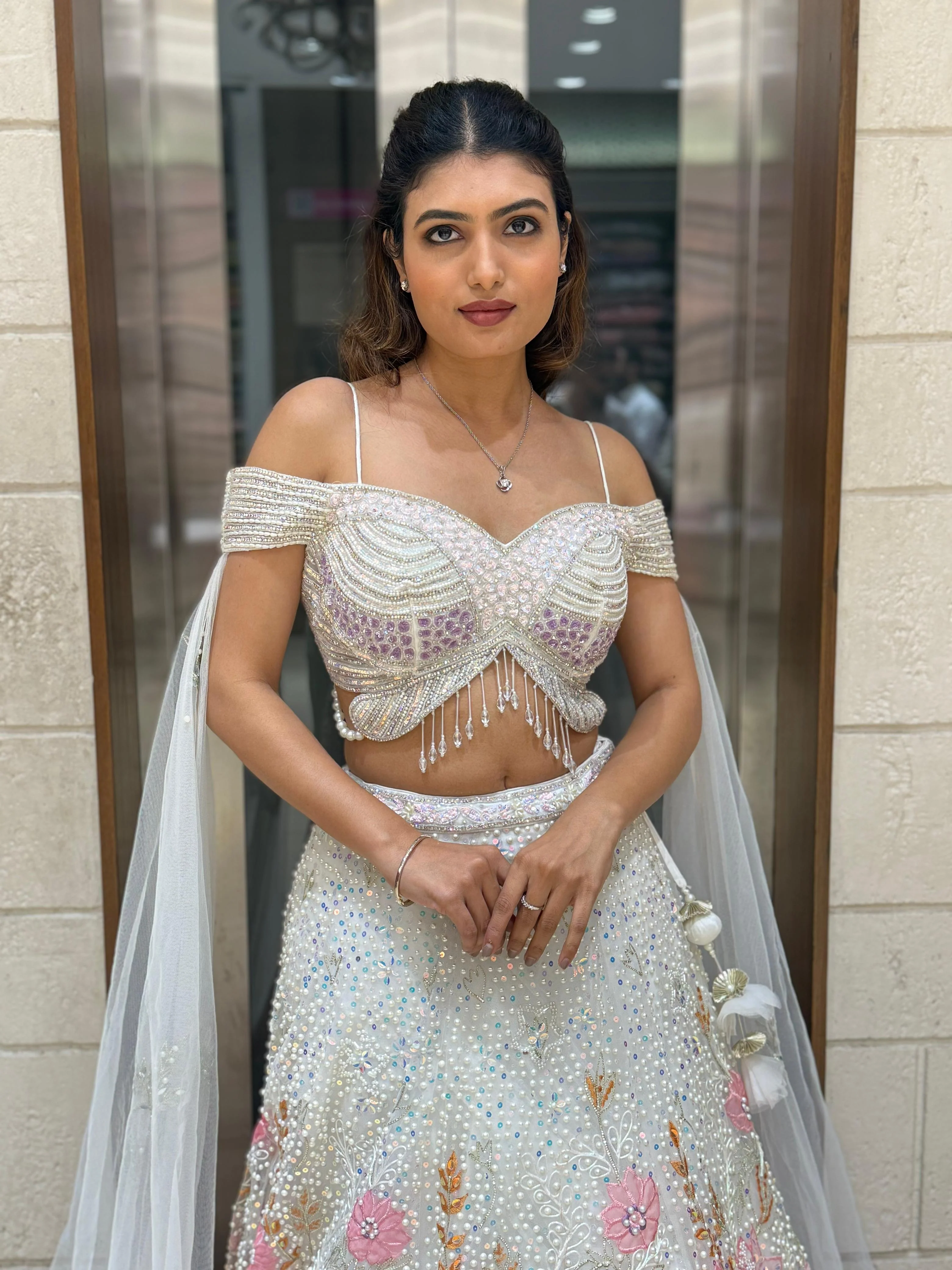 Ivory White Embellished Lehenga with Off-Shoulder Beaded Blouse & Dupatta - Image 4