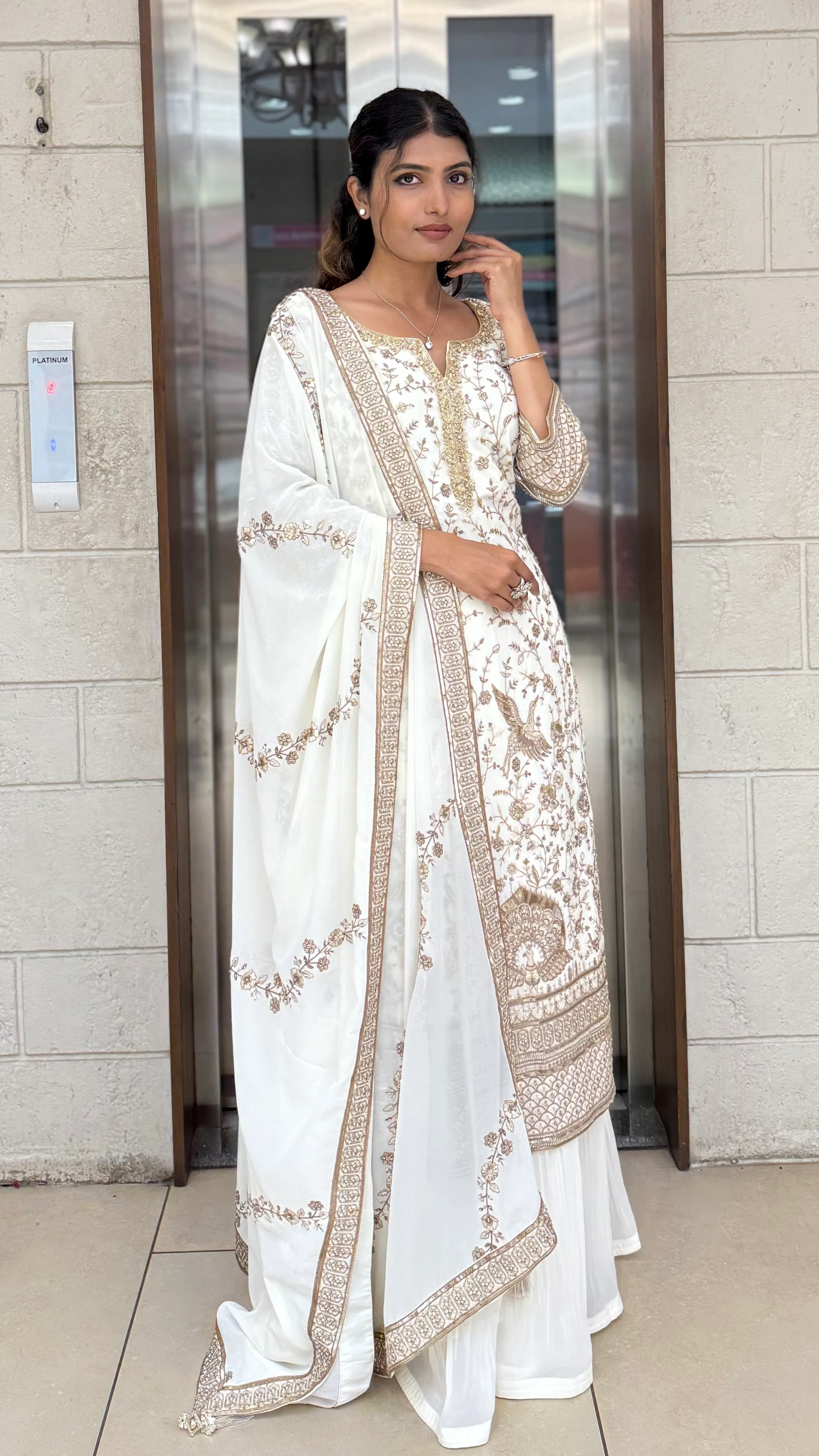 Ivory White Embroidered Anarkali Suit Set with Matching Dupatta - Image 3