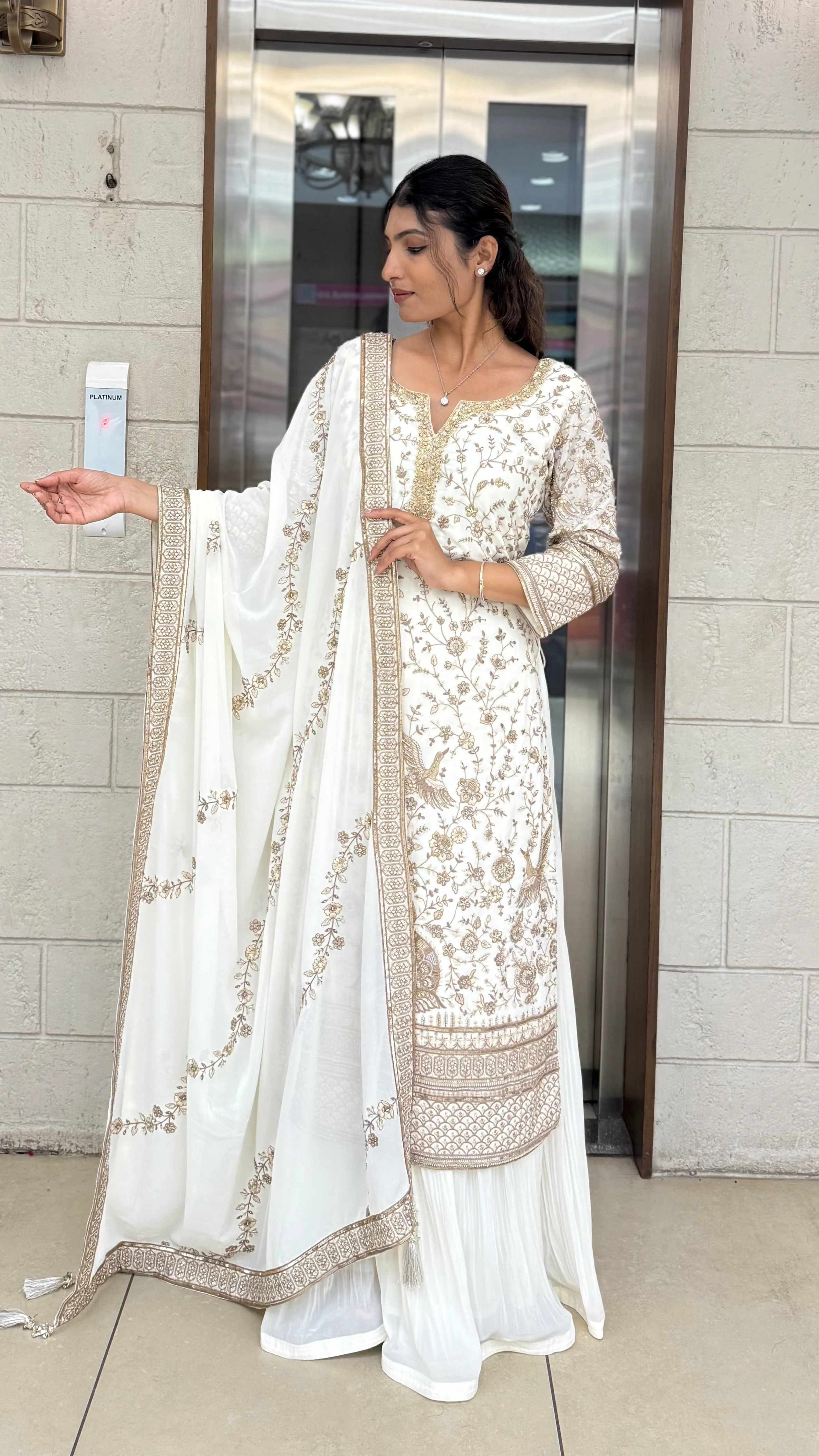 Ivory White Embroidered Anarkali Suit Set with Matching Dupatta - Image 4