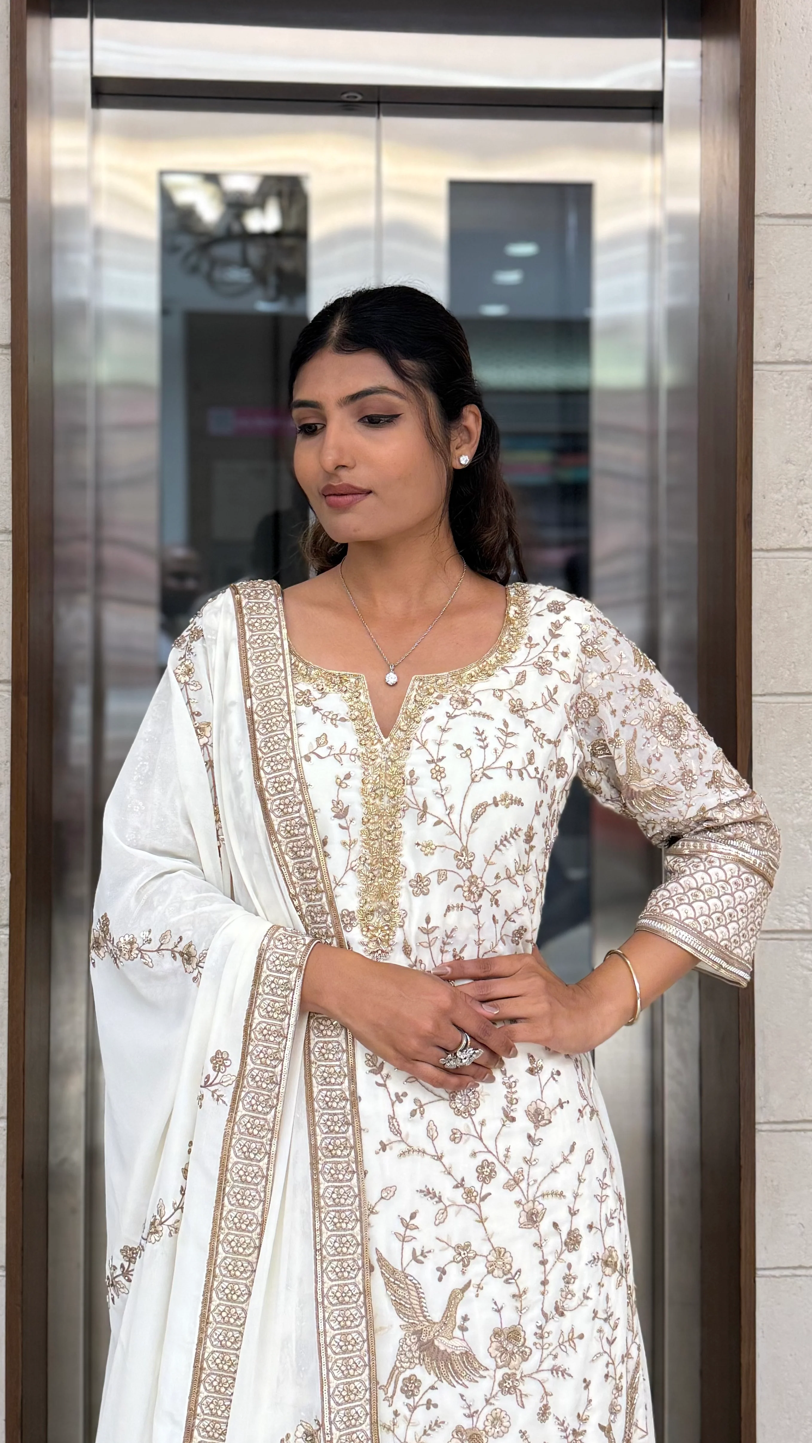 Ivory White Embroidered Anarkali Suit Set with Matching Dupatta - Image 5