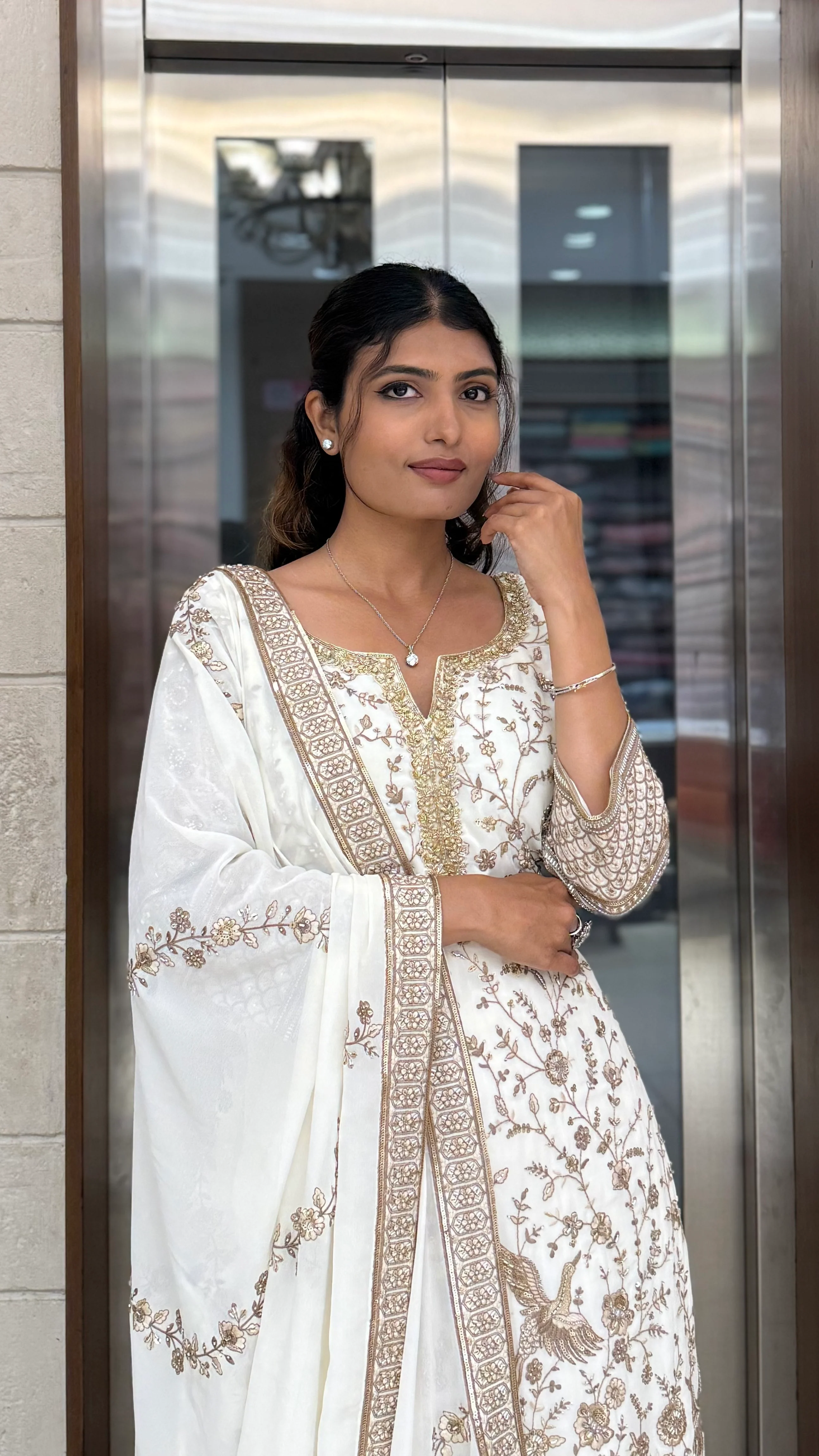 Ivory White Embroidered Anarkali Suit Set with Matching Dupatta - Image 6