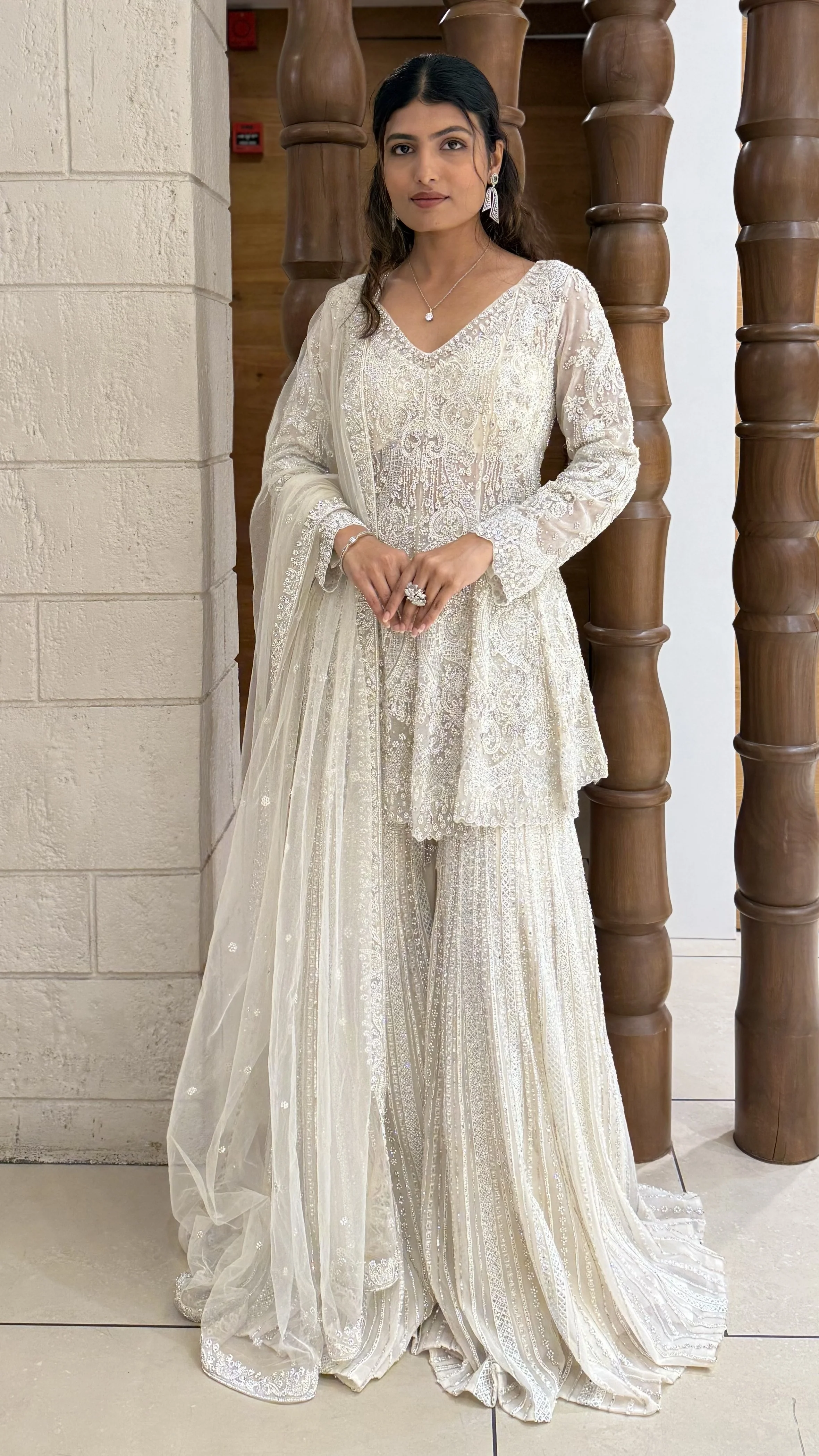Ivory White Heavy Embroidered Designer Sharara Suit with Dupatta - Image 3