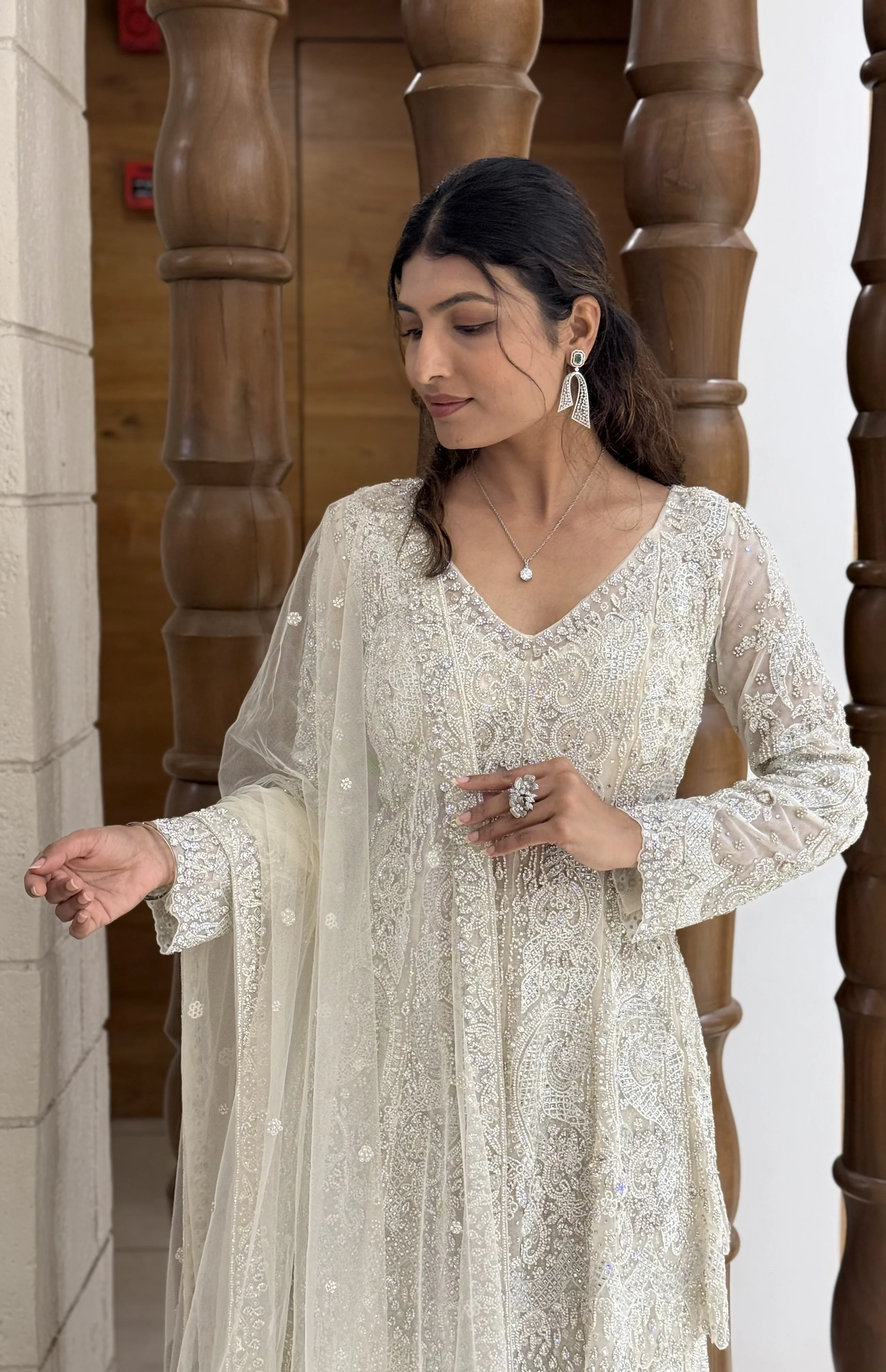 Ivory White Heavy Embroidered Designer Sharara Suit with Dupatta - Image 5