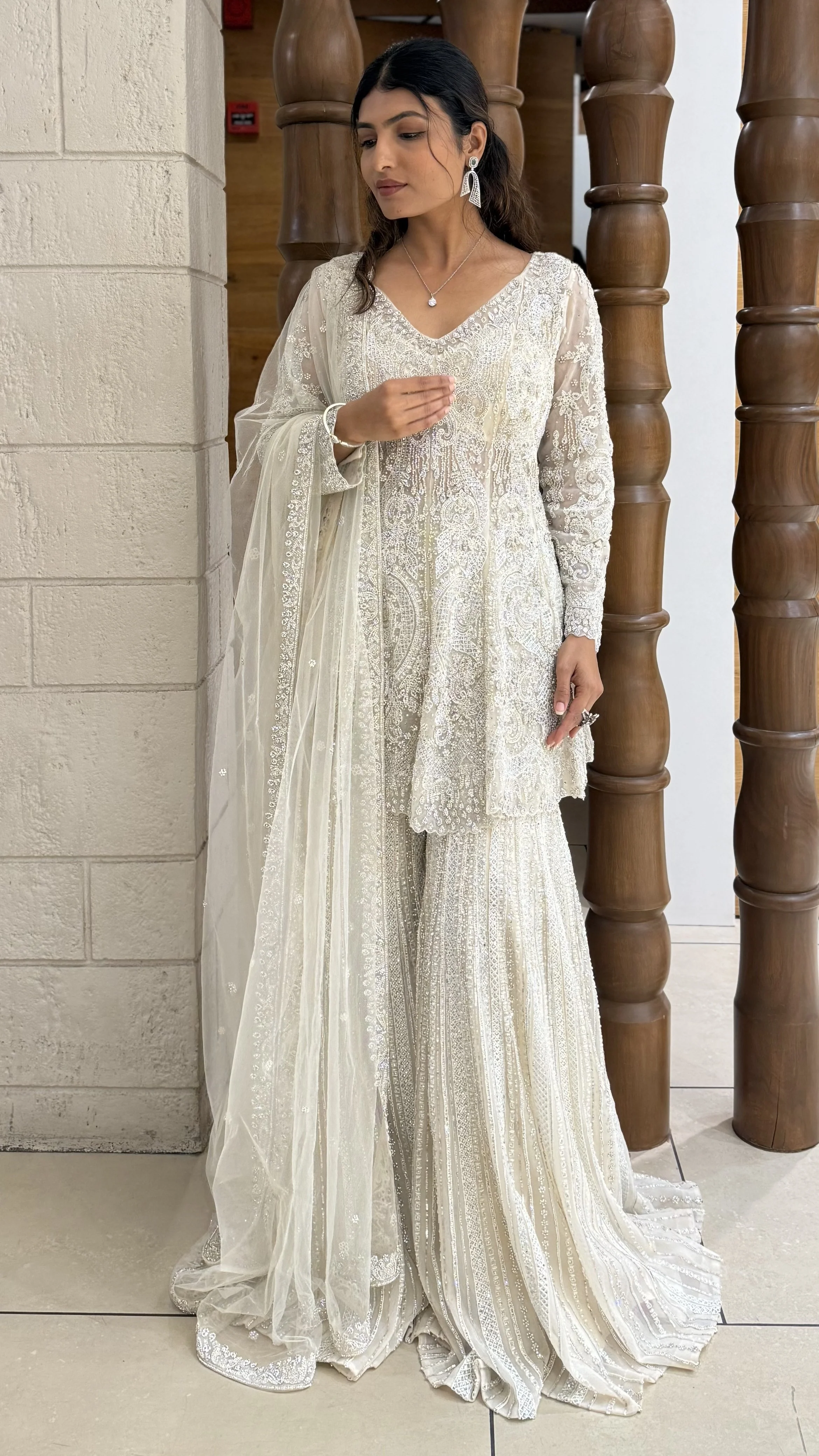 Ivory White Heavy Embroidered Designer Sharara Suit with Dupatta - Image 7