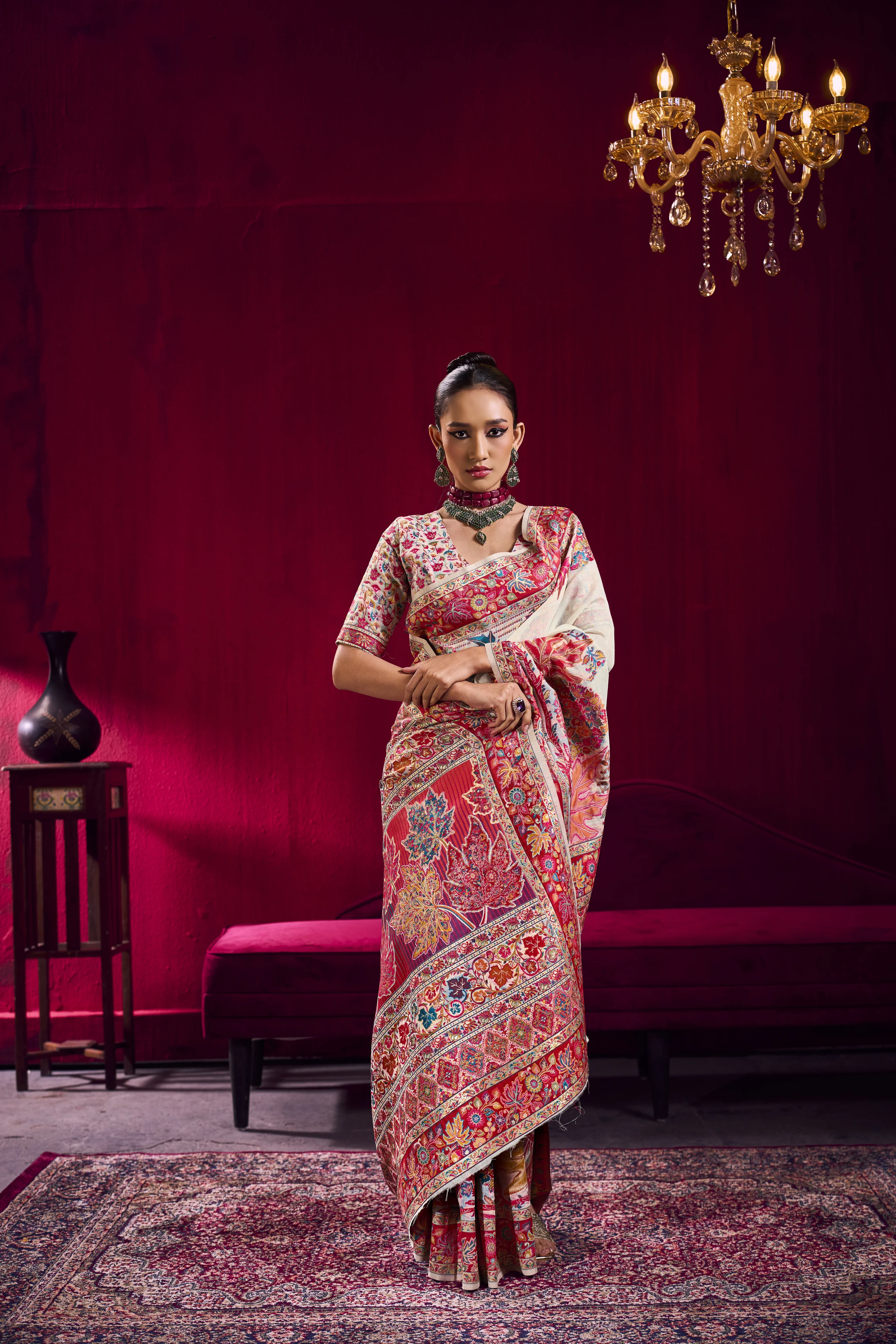 Ivory White Kashmiri Modal Pashmina Saree with Multicolor Floral Weaving - Image 3