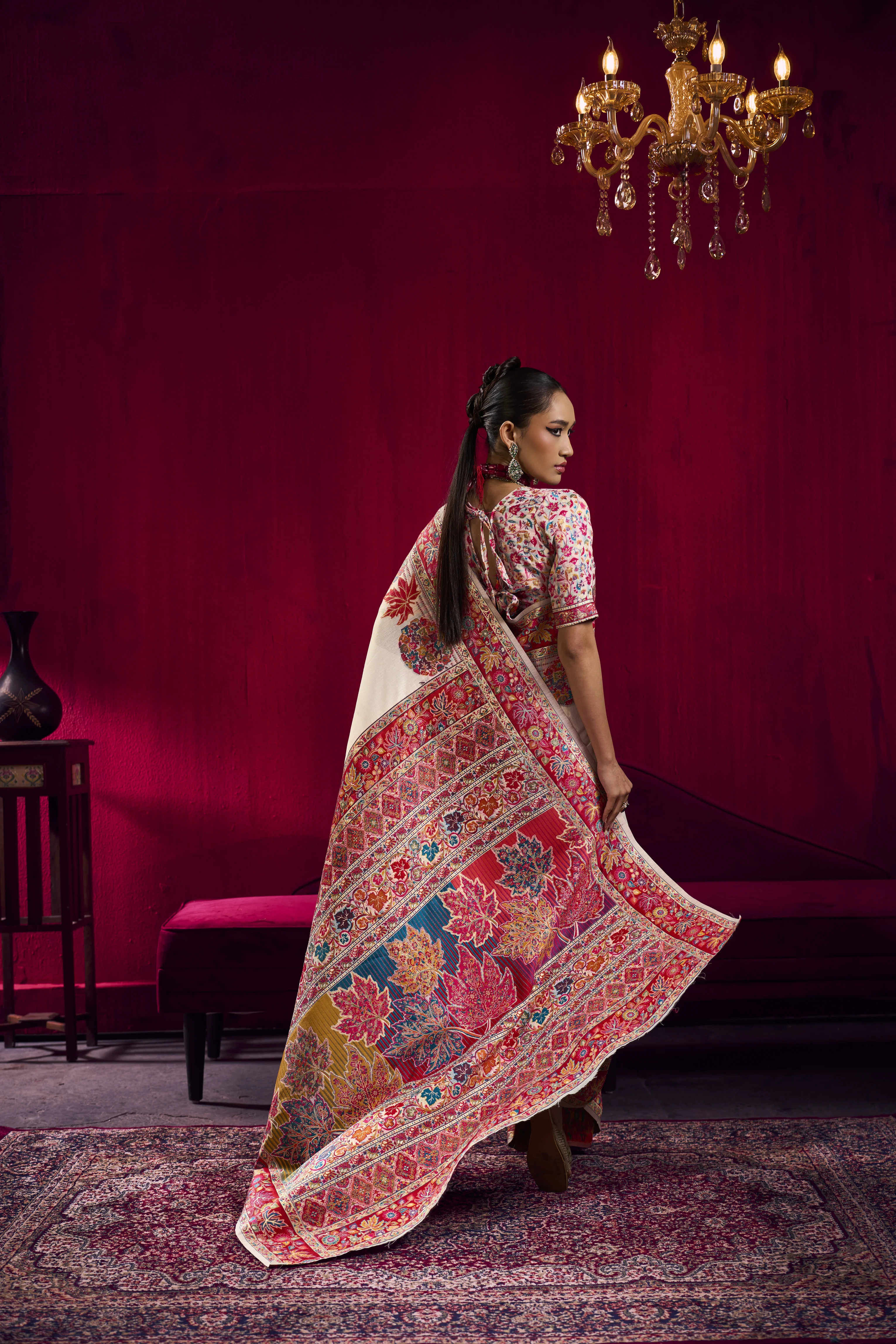 Ivory White Kashmiri Modal Pashmina Saree with Multicolor Floral Weaving - Image 5