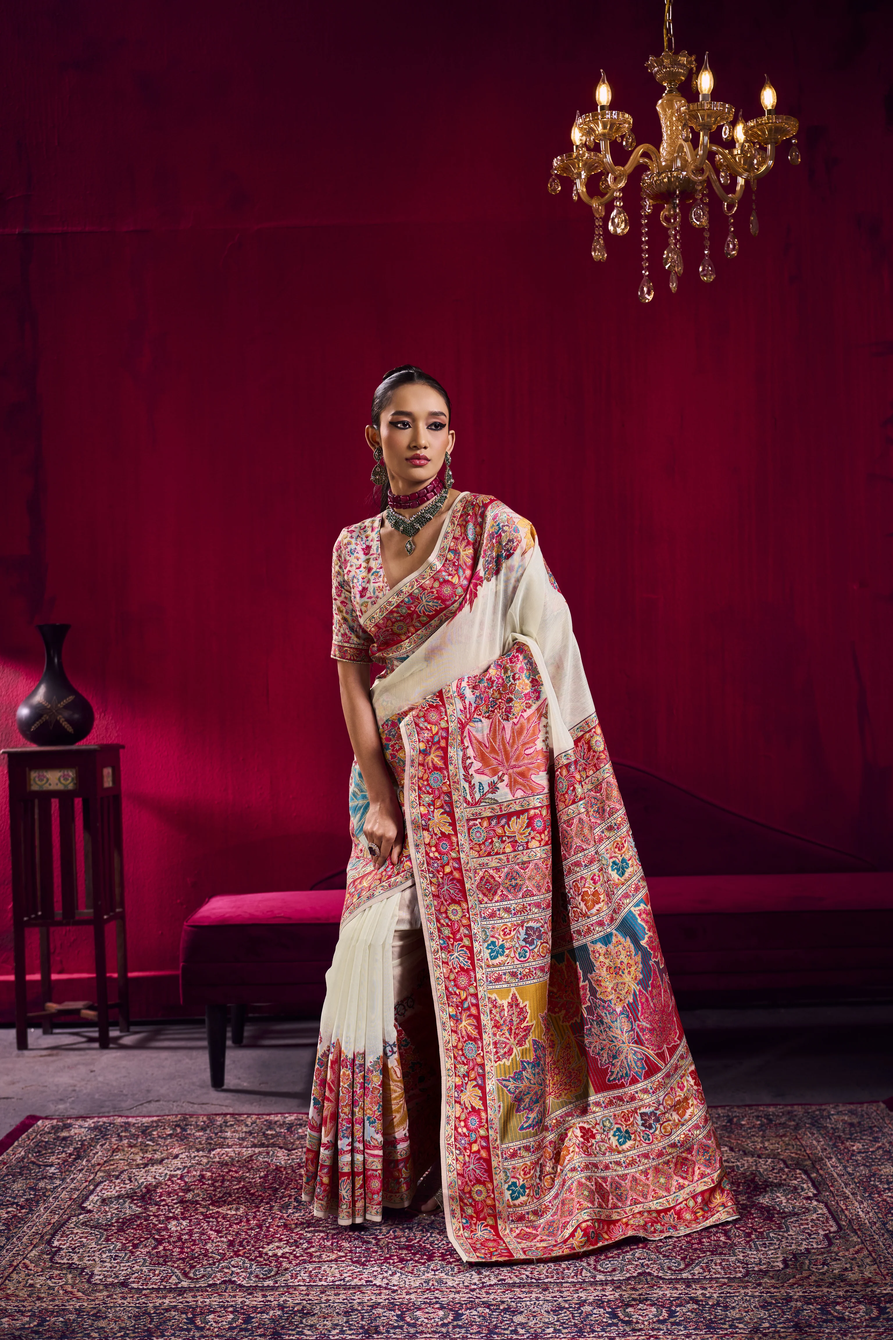 Ivory White Kashmiri Modal Pashmina Saree with Multicolor Floral Weaving - Image 6