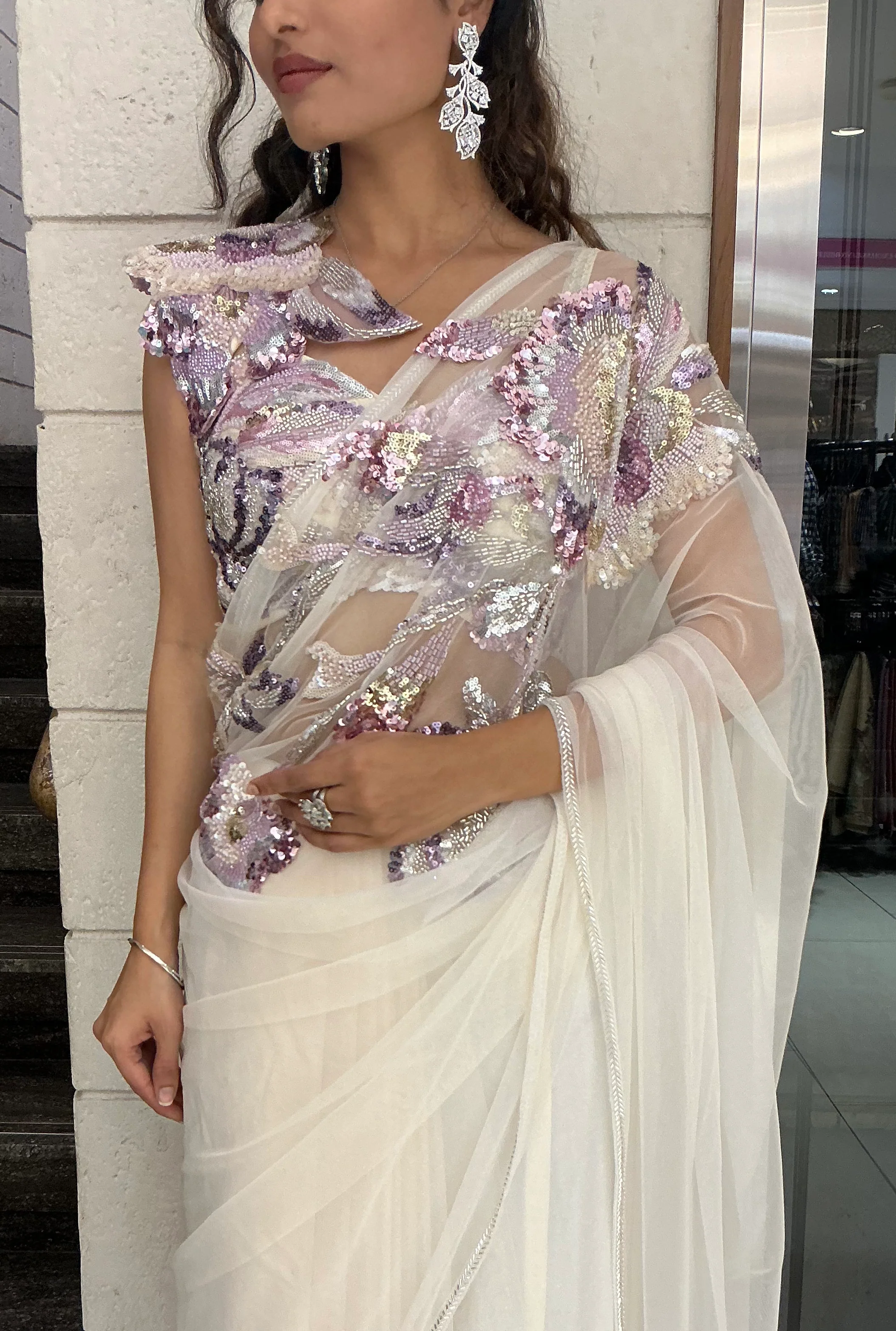 Ivory White Pastel Sequin Embroidered Designer Saree - Image 2