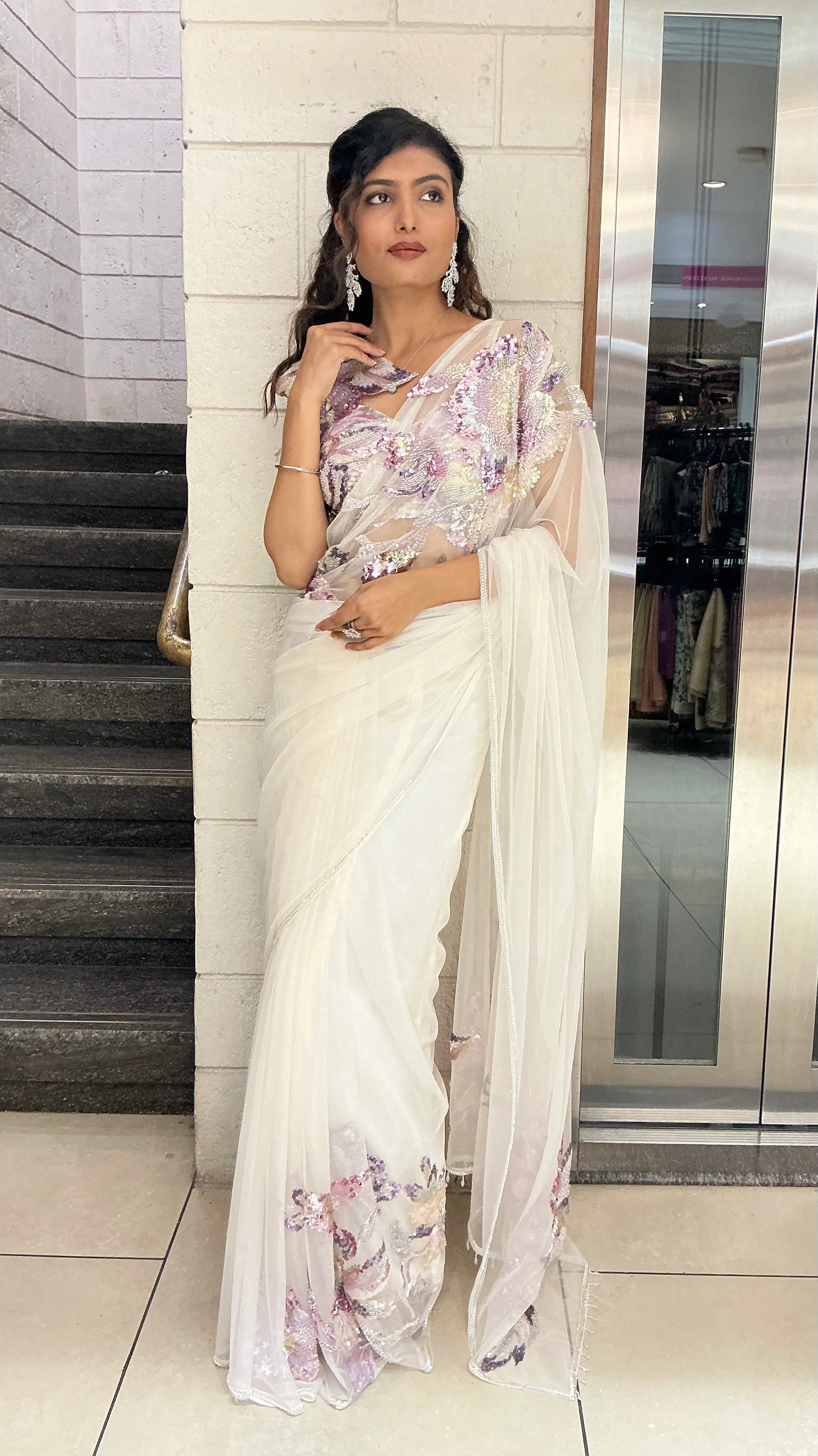 Ivory White Pastel Sequin Embroidered Designer Saree - Image 3