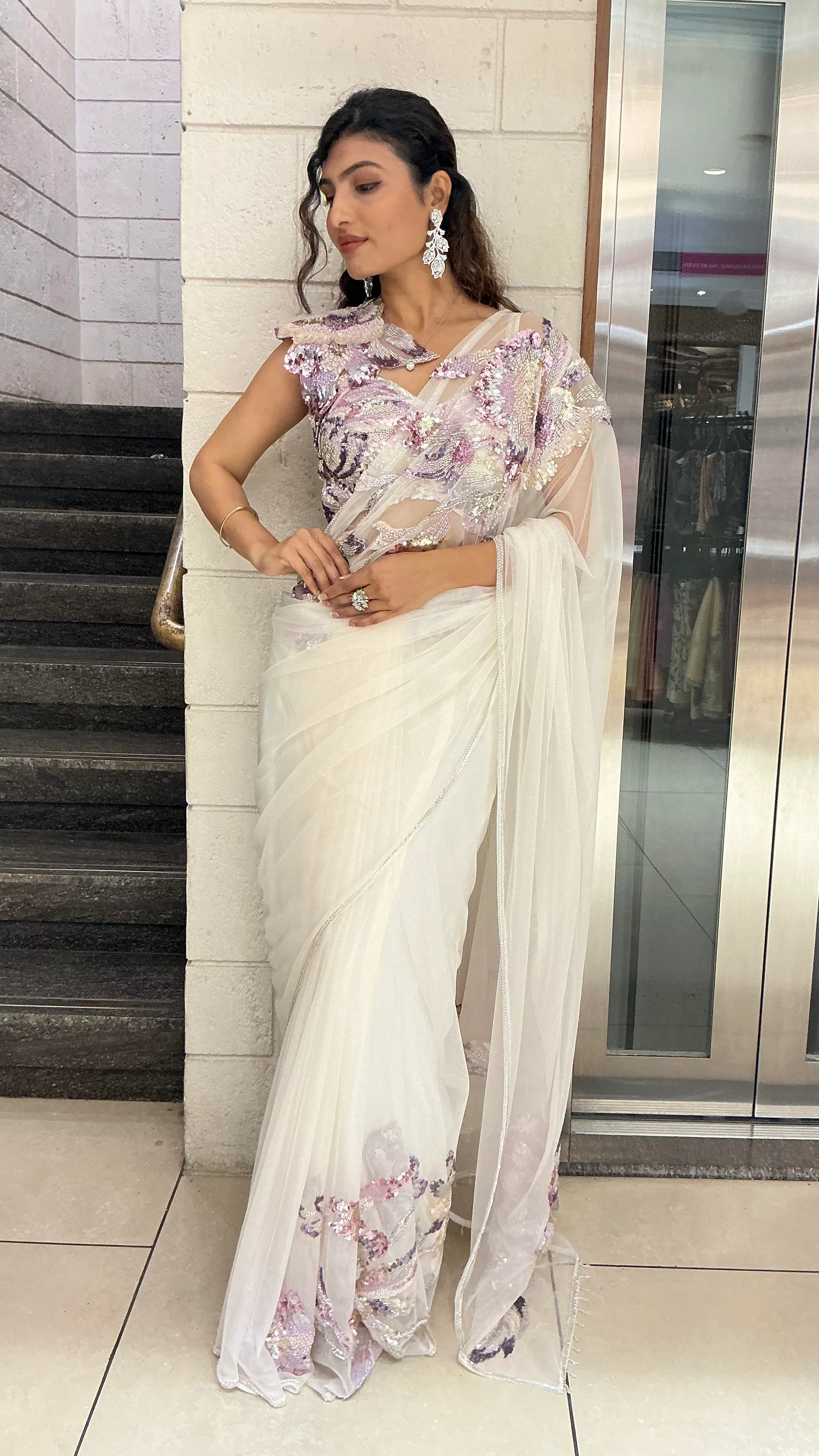 Ivory White Pastel Sequin Embroidered Designer Saree - Image 4