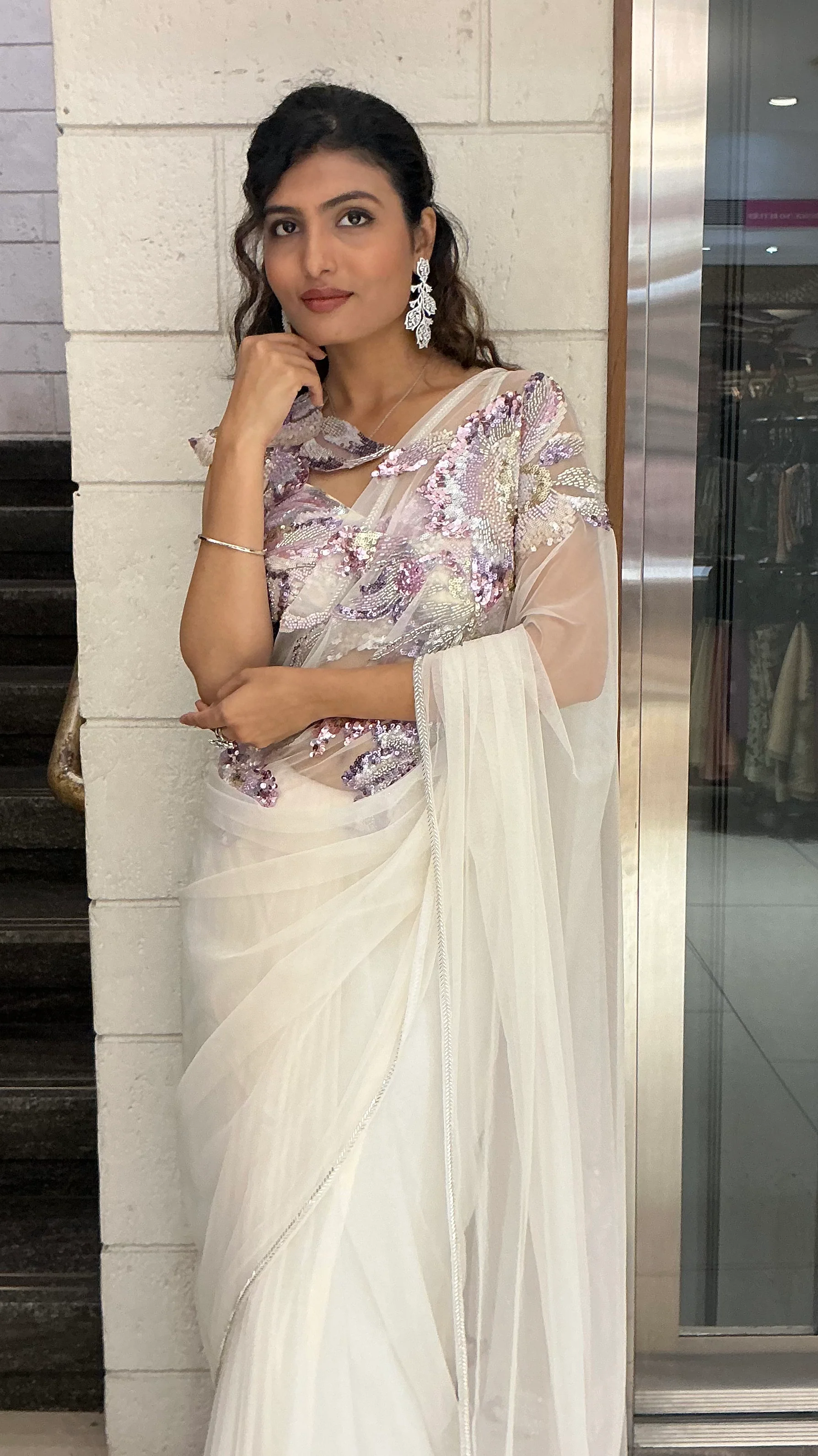Ivory White Pastel Sequin Embroidered Designer Saree - Image 5