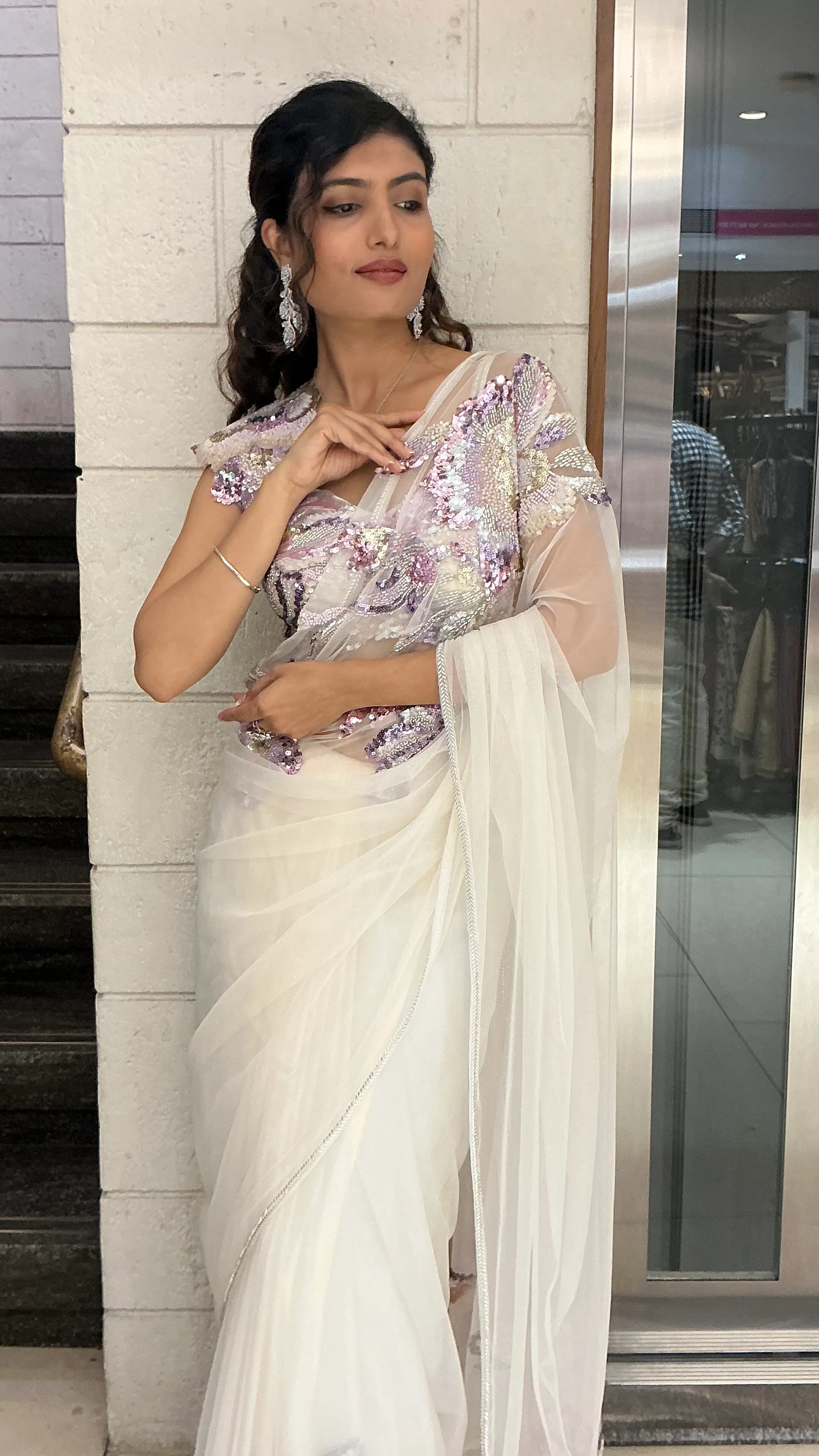 Ivory White Pastel Sequin Embroidered Designer Saree - Image 6