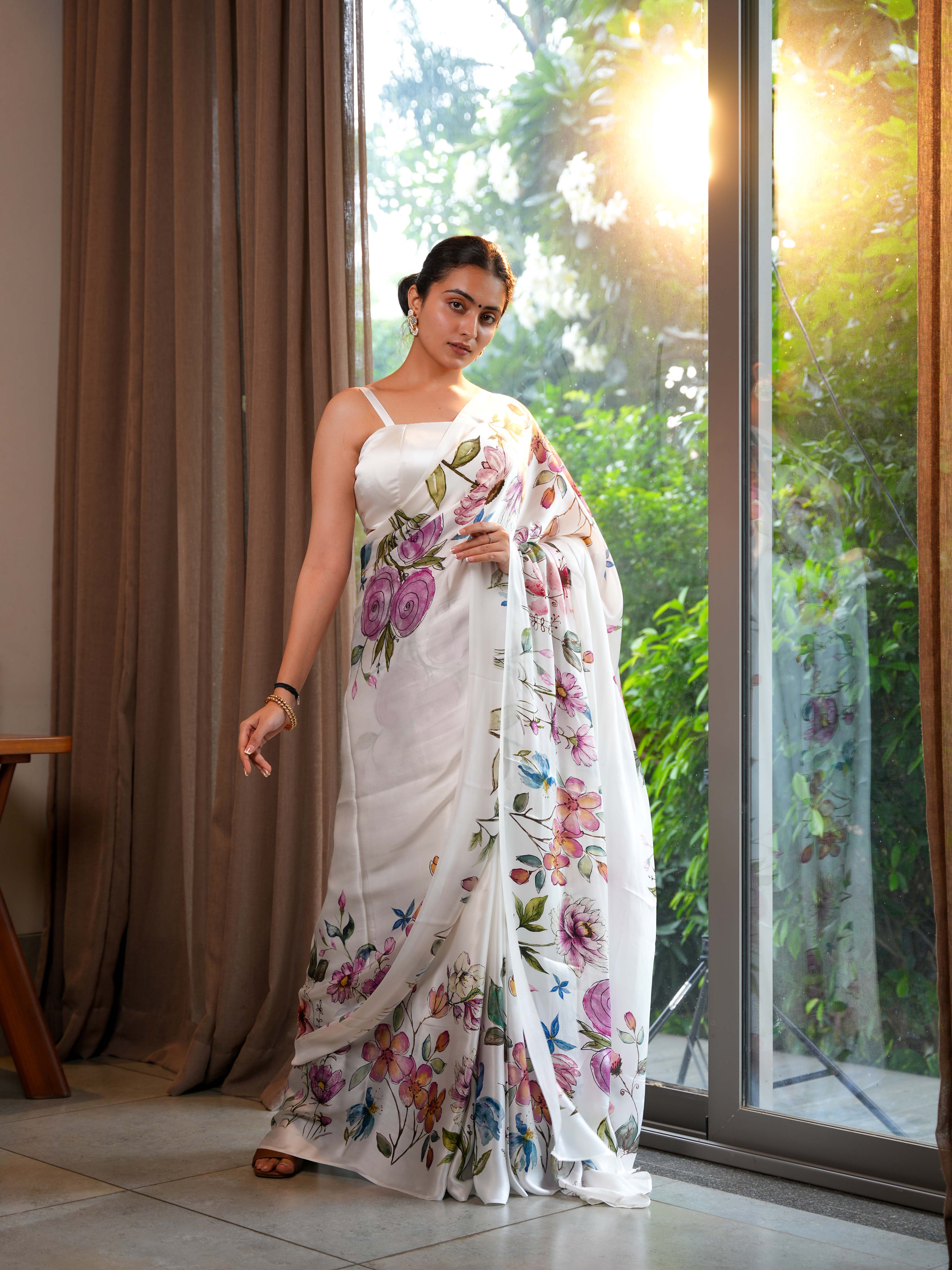 Ivory White Pure Satin Silk Saree with Hand-Painted Style Digital Print Unstitched Blouse - Image 2