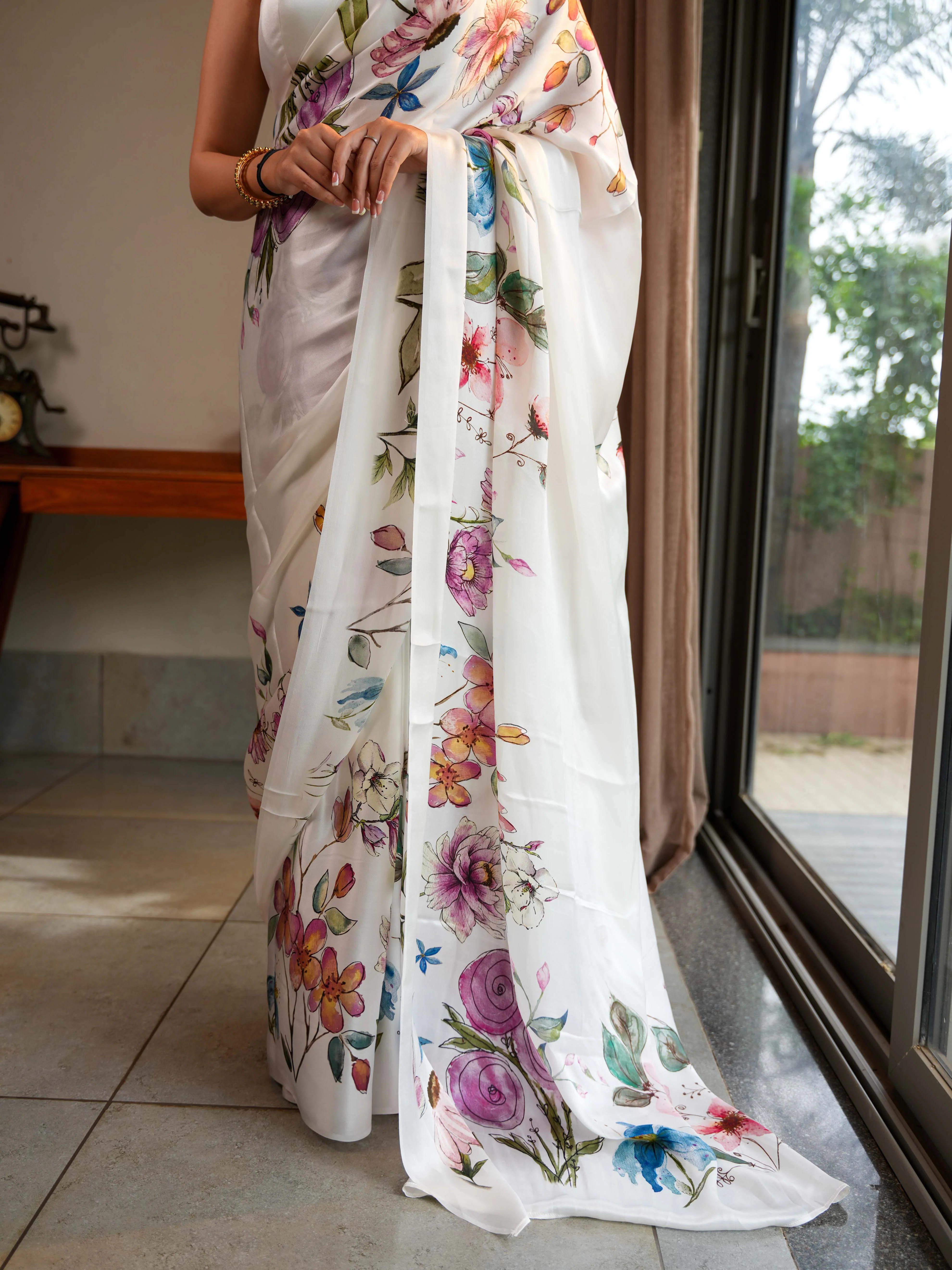Ivory White Pure Satin Silk Saree with Hand-Painted Style Digital Print Unstitched Blouse - Image 6