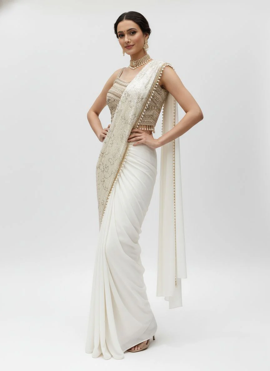 Ivory White Sequin Embellished Designer Ready to Wear Saree with Heavy Handwork Blouse - Image 2