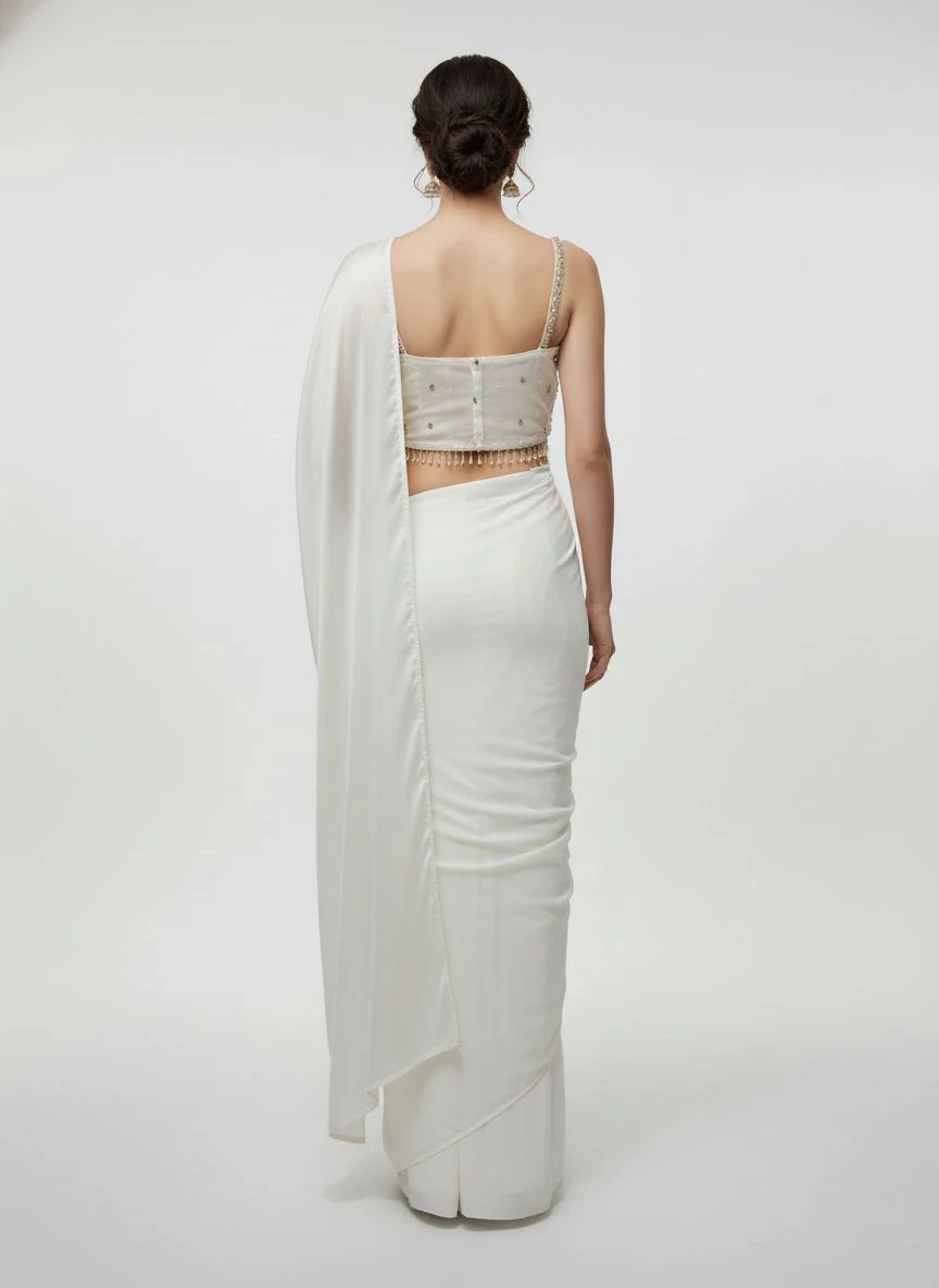 Ivory White Sequin Embellished Designer Ready to Wear Saree with Heavy Handwork Blouse - Image 3