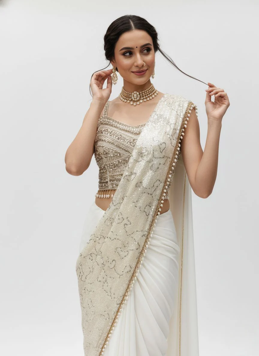 Ivory White Sequin Embellished Designer Ready to Wear Saree with Heavy Handwork Blouse - Image 4