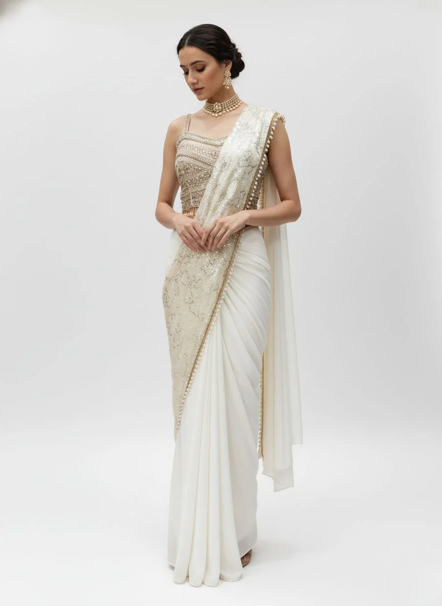 Ivory White Sequin Embellished Designer Ready to Wear Saree with Heavy Handwork Blouse - Image 5