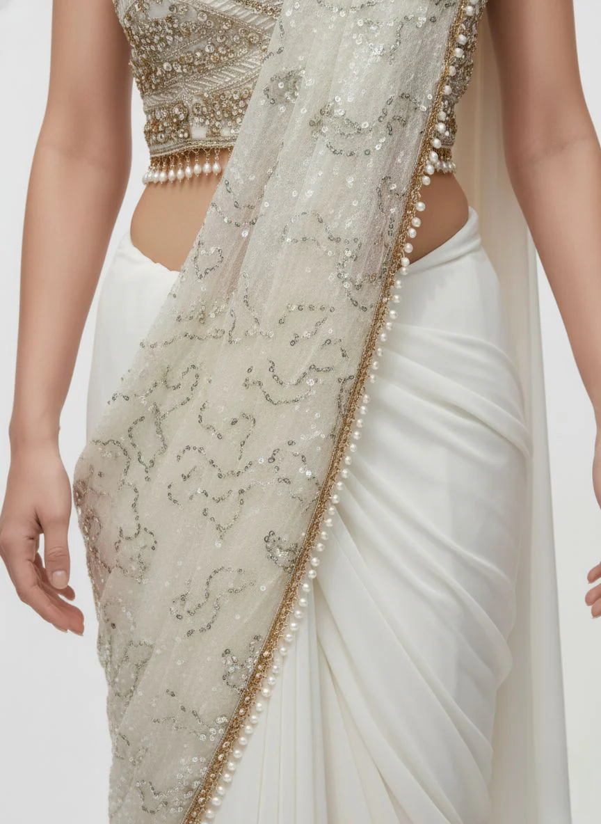 Ivory White Sequin Embellished Designer Ready to Wear Saree with Heavy Handwork Blouse - Image 6