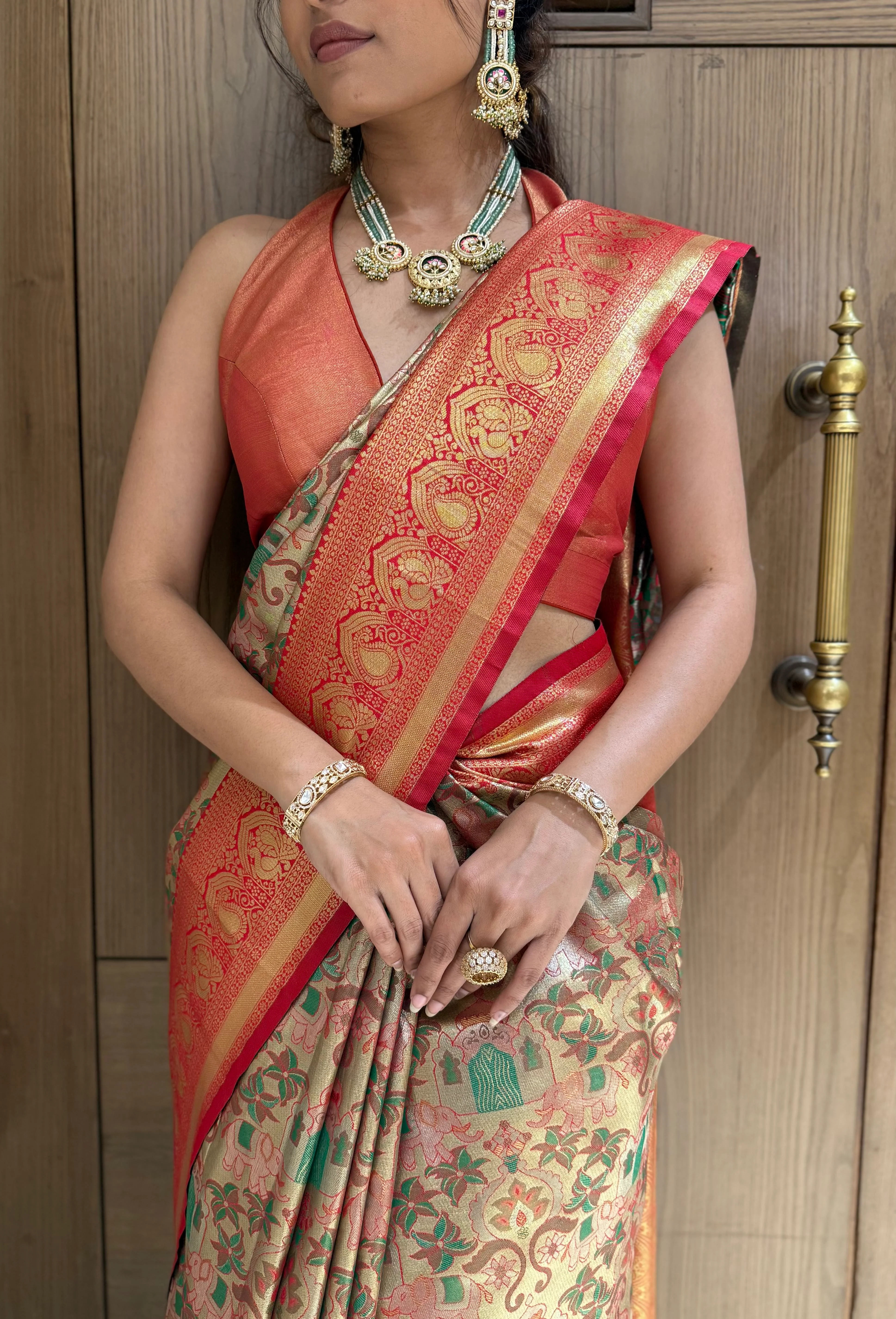 Kanjivaram Banarasi Silk Saree in Coral Orange with Zari Weaving - Image 2