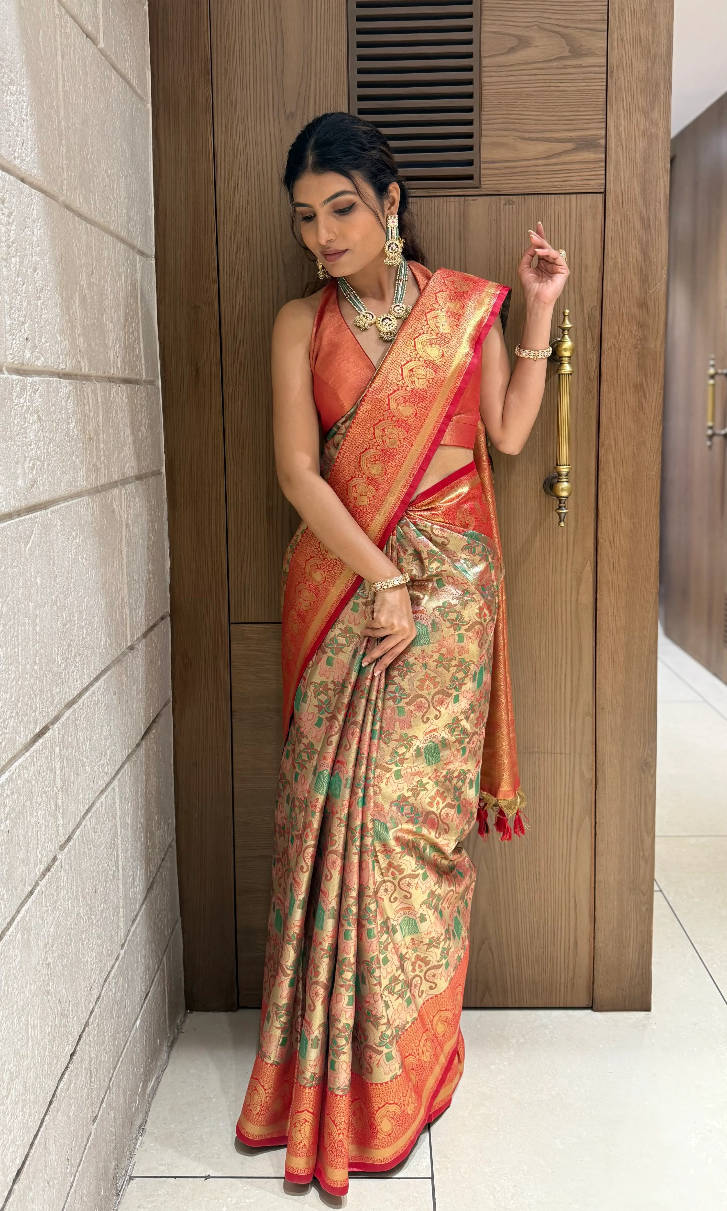 Kanjivaram Banarasi Silk Saree in Coral Orange with Zari Weaving - Image 4