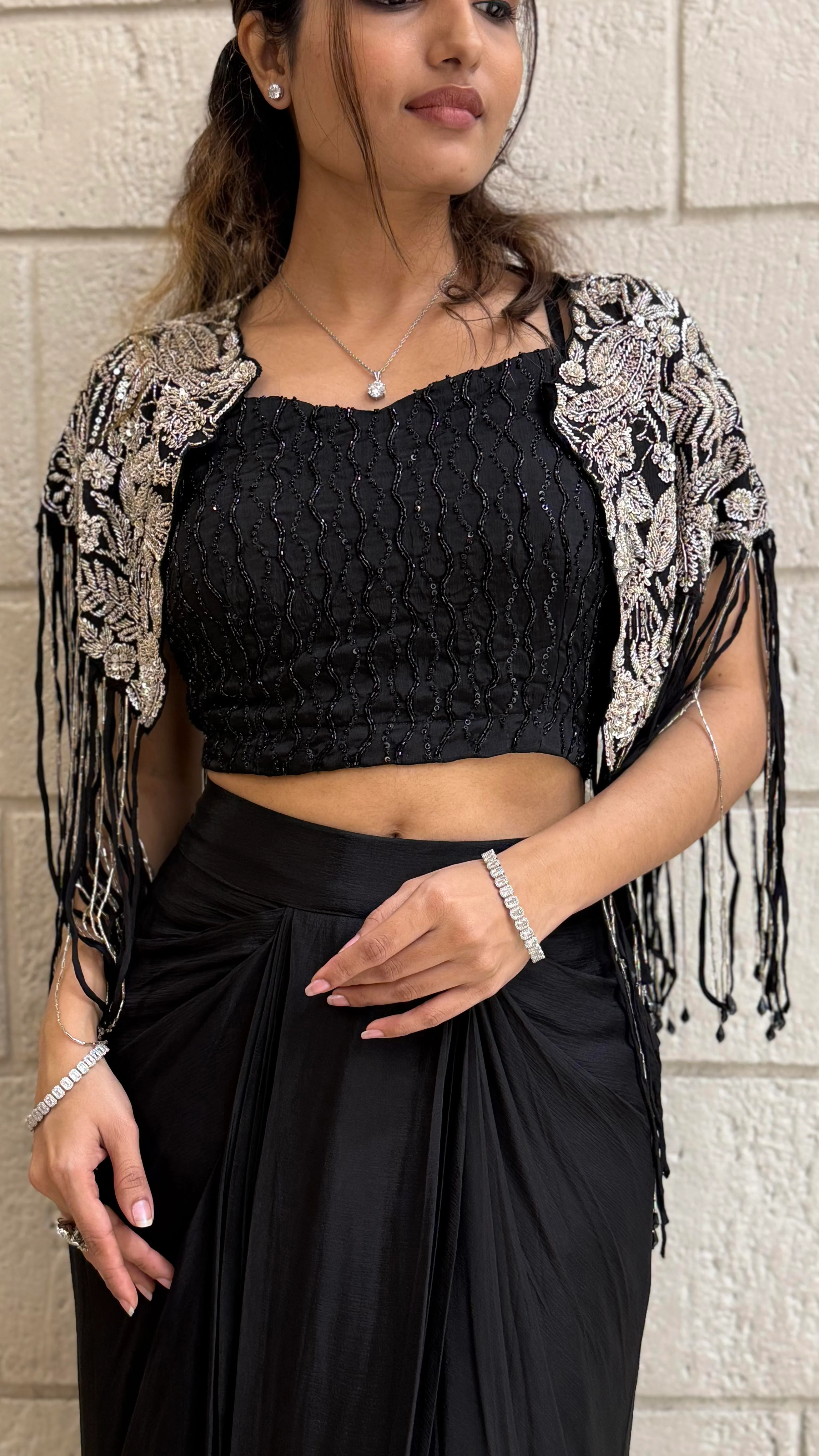 Kapas Shrug with Black Designer Crop Top & Draped Skirt Set - Image 2