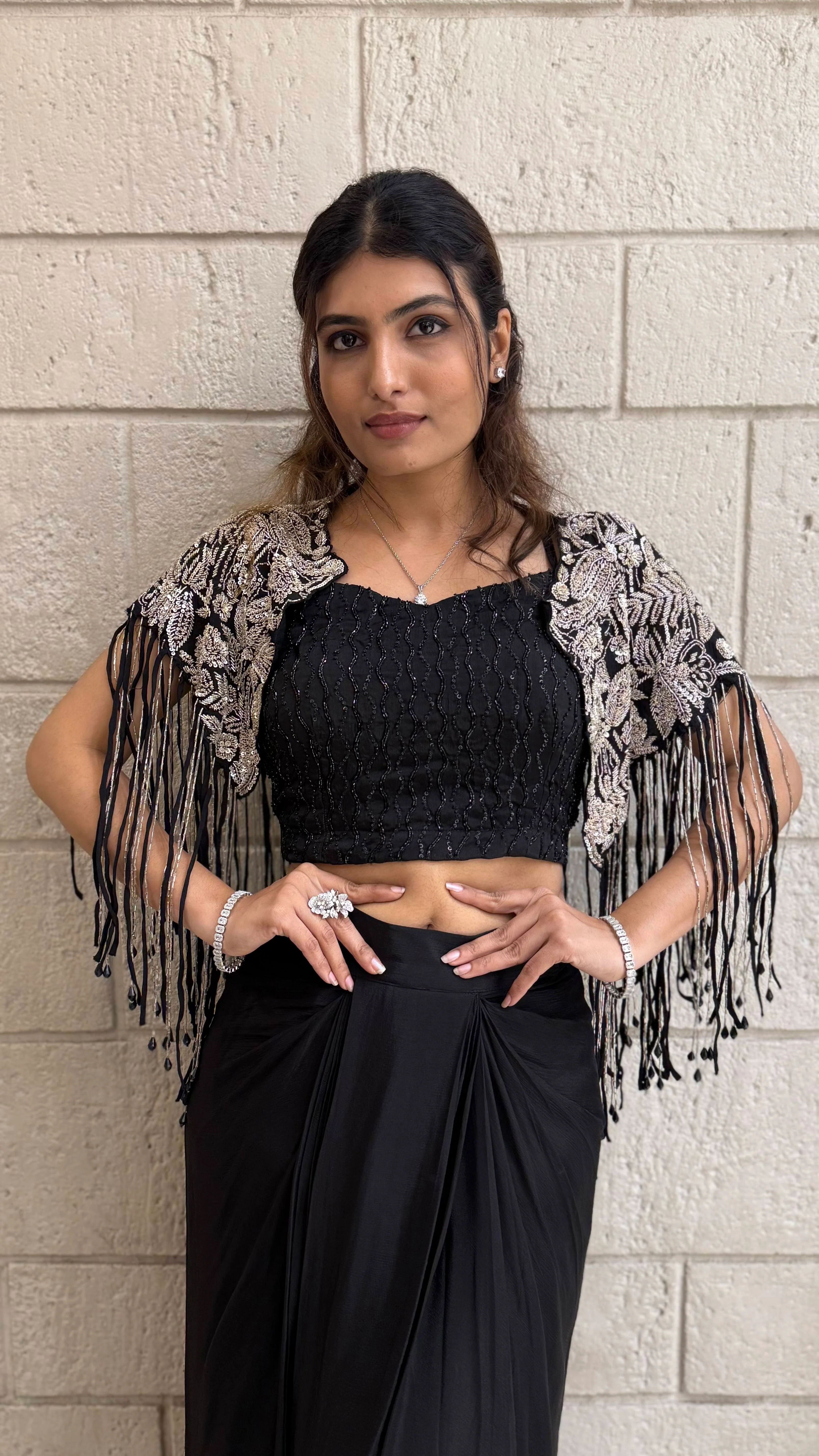 Kapas Shrug with Black Designer Crop Top & Draped Skirt Set - Image 3
