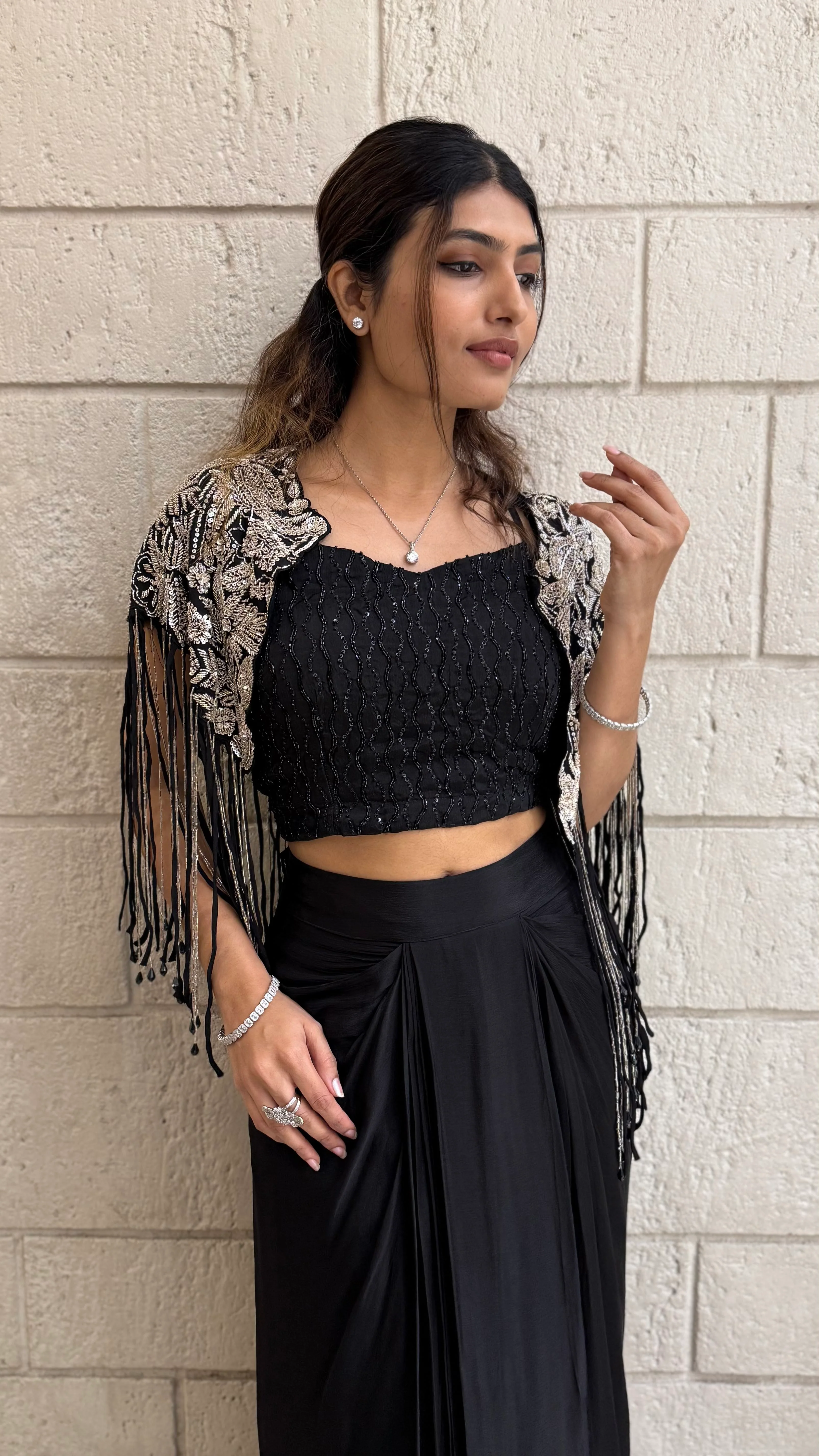 Kapas Shrug with Black Designer Crop Top & Draped Skirt Set - Image 4