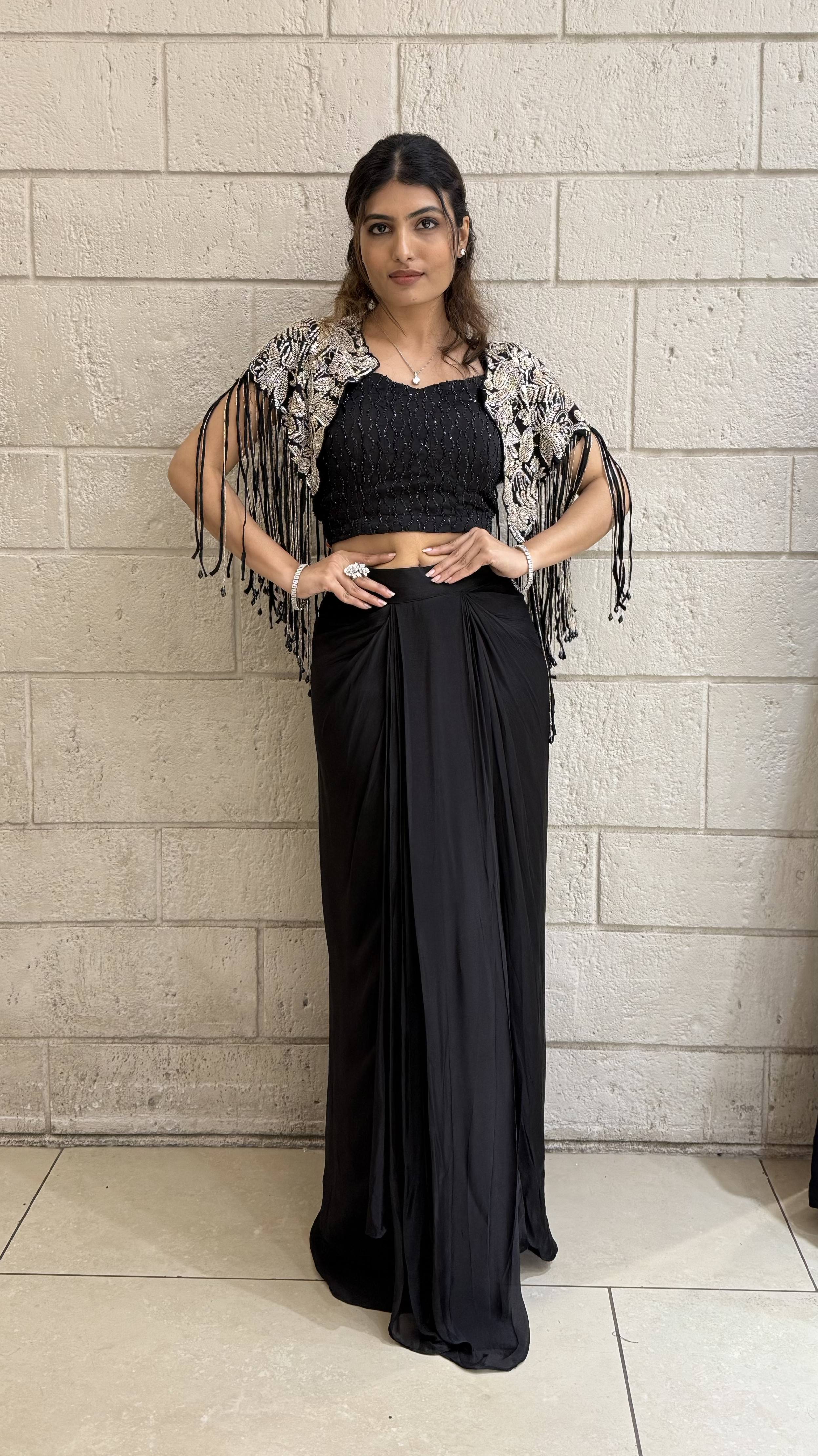 Kapas Shrug with Black Designer Crop Top & Draped Skirt Set - Image 5