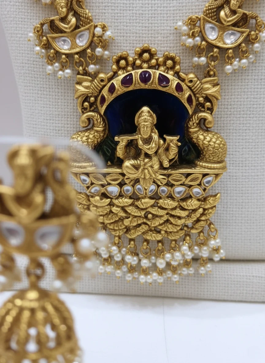 Krishna Temple Necklace Antique with Kundan Detailing & Jhumka Earrings - Image 3