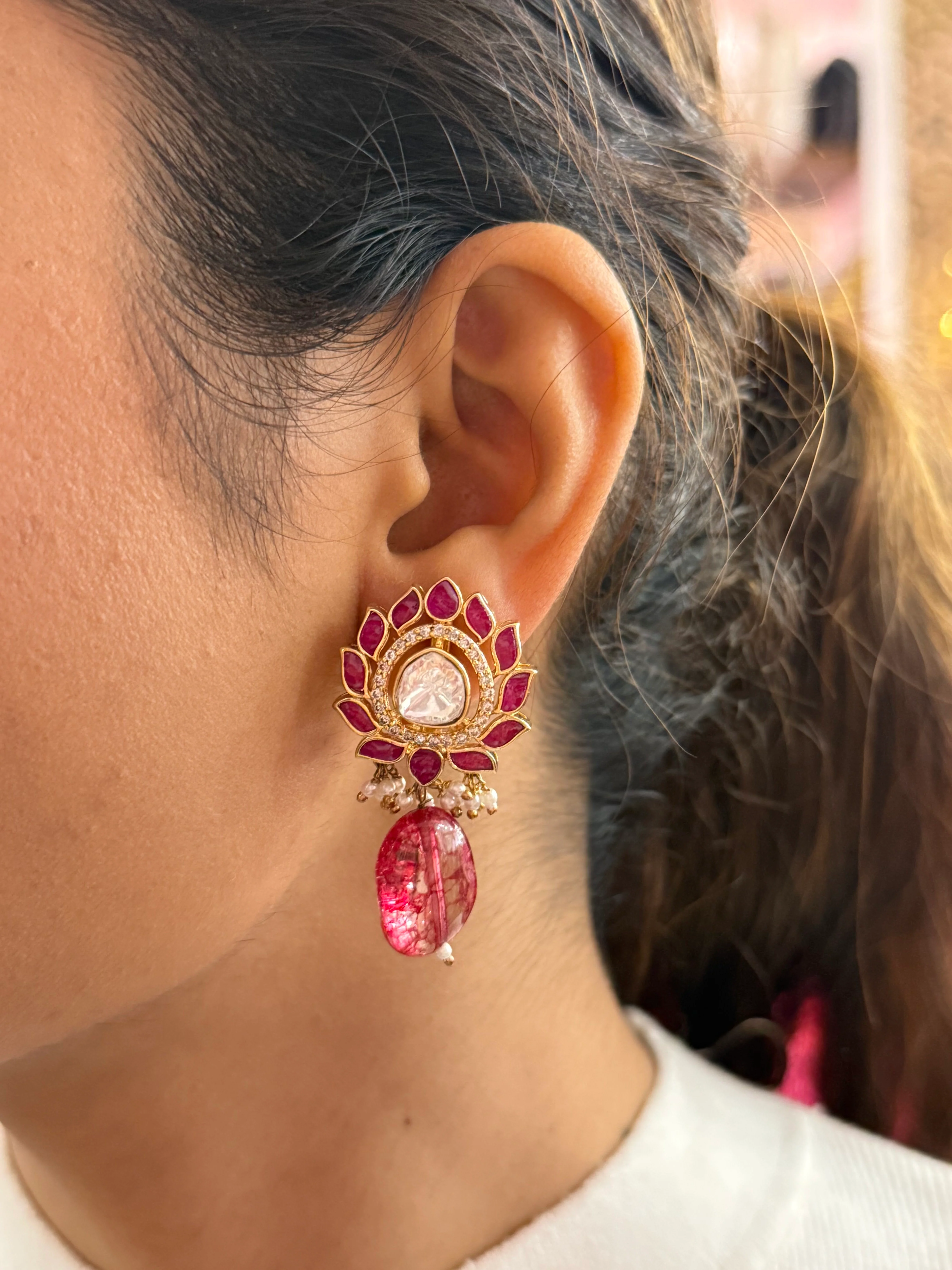Kundan Choker Necklace with Ruby Accents, Pearls & Pink Gemstone Drops - Image 2