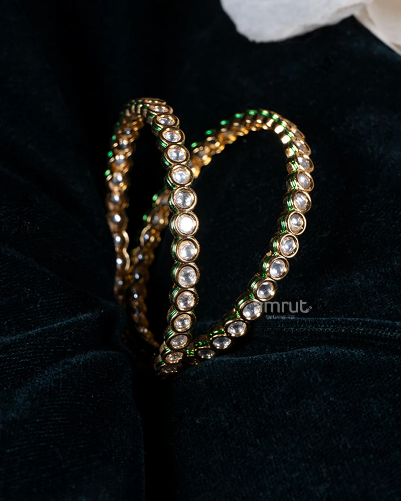 Kundan Polki with White and Green Stones Golden Bangle Set - Image 2