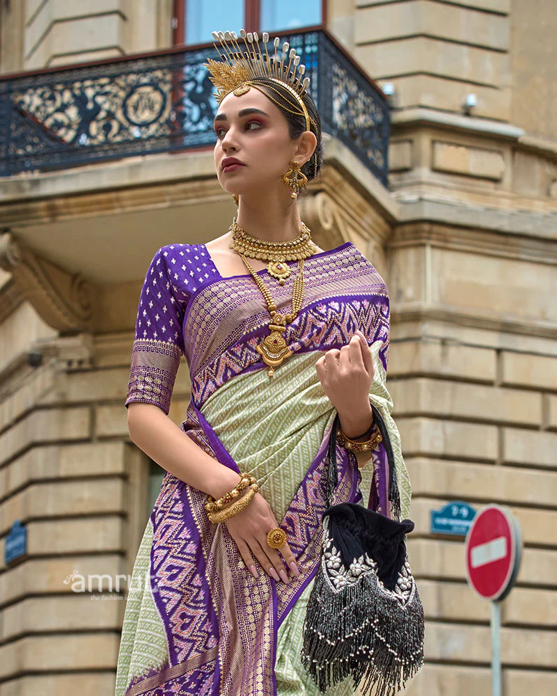 Laurel Green and Purple Patola Printed Saree with Zari Border & Unstitched Blouse - Image 2