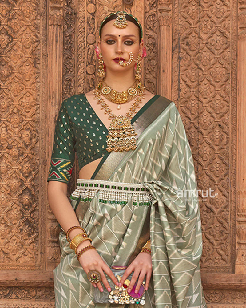 Laurel Green Geometric Patterns & Dark Green Border Patola Silk Saree with Unstitched Blouse - Image 2
