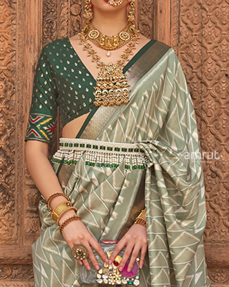 Laurel Green Geometric Patterns & Dark Green Border Patola Silk Saree with Unstitched Blouse - Image 3
