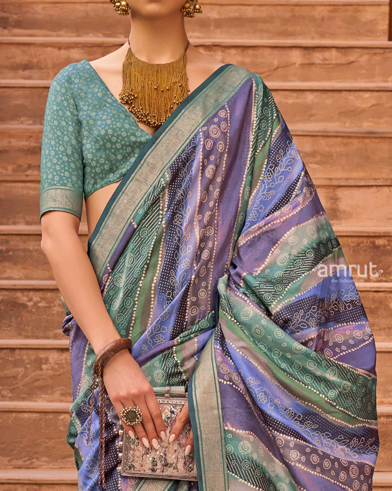 Lavender and Blue Zari Weaving Silk Saree with Unstitched Blouse - Image 3