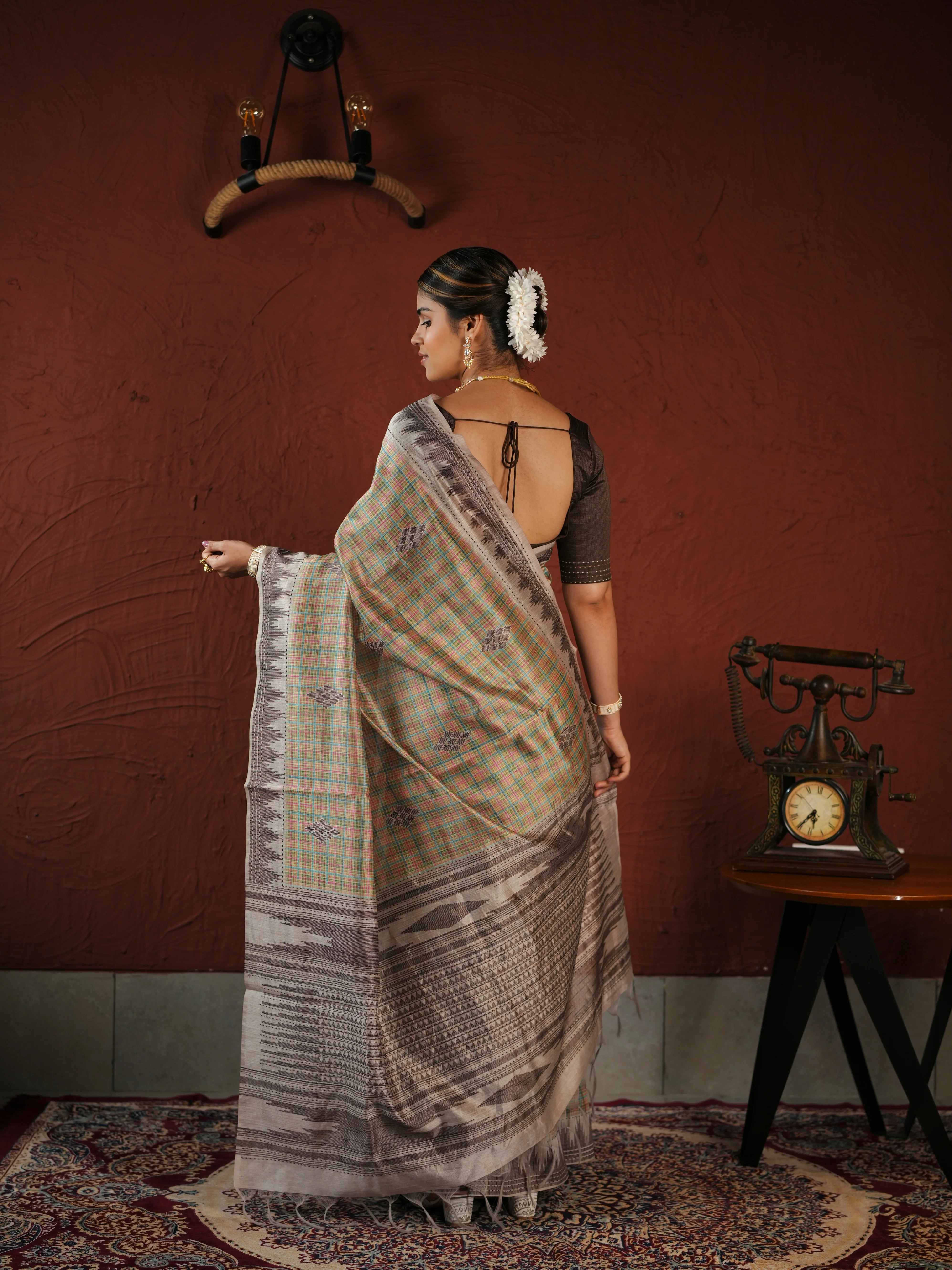 Beige and Brown Checked PV Cotton Khadi Saree with Geometric Woven Patterns and Unstitched Blouse - Image 3