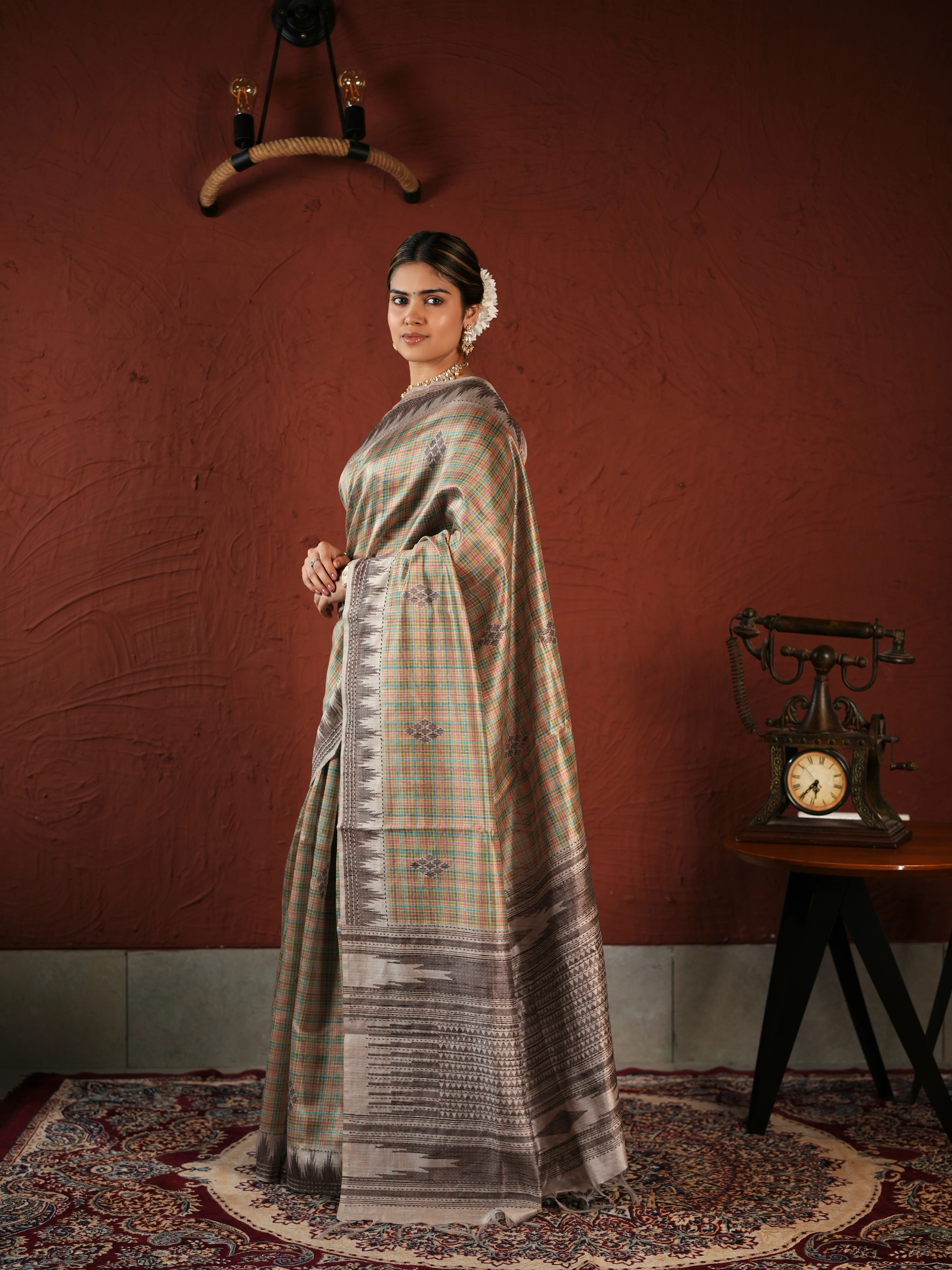 Beige and Brown Checked PV Cotton Khadi Saree with Geometric Woven Patterns and Unstitched Blouse - Image 4