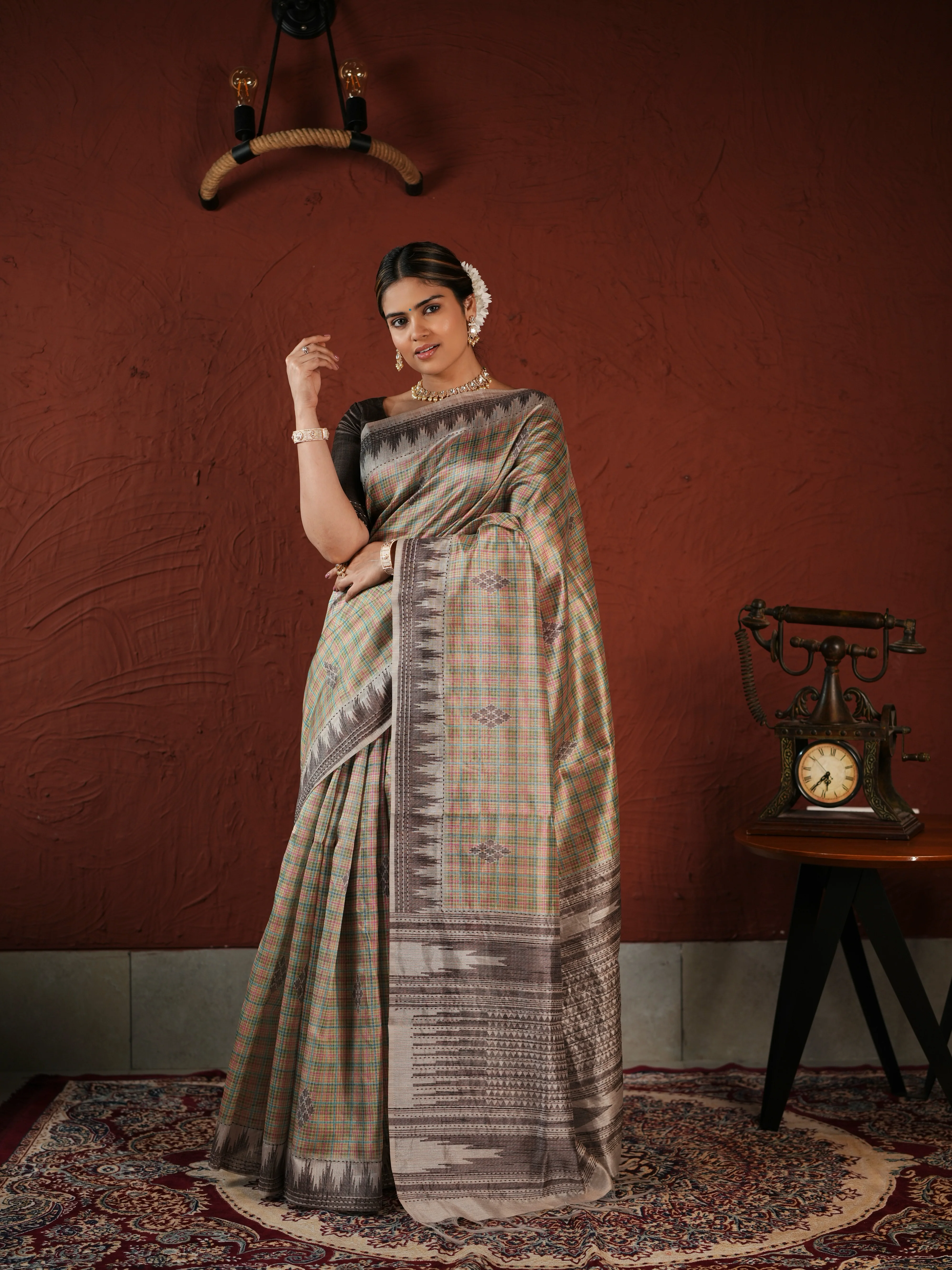 Beige and Brown Checked PV Cotton Khadi Saree with Geometric Woven Patterns and Unstitched Blouse - Image 5