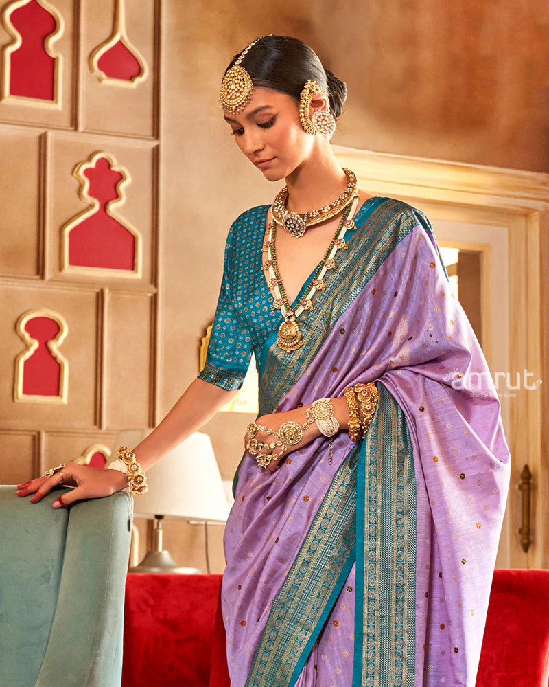 Lavender and Teal Foil Printed Patola Saree with Unstitched Blouse - Image 2