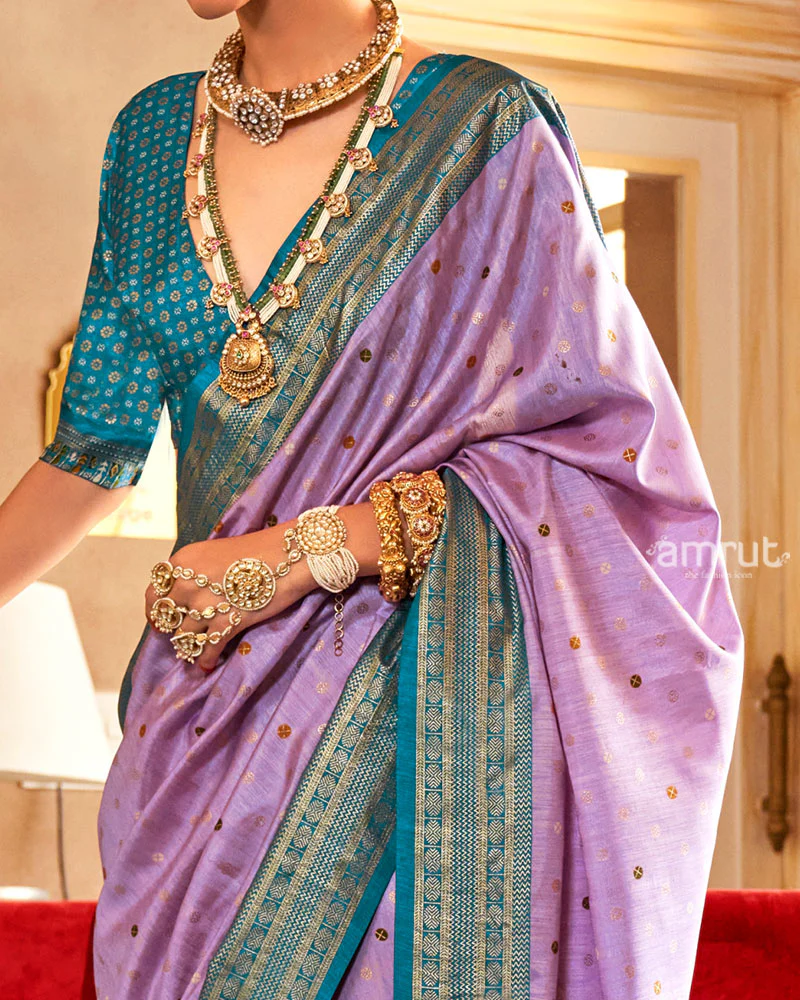 Lavender and Teal Foil Printed Patola Saree with Unstitched Blouse - Image 3