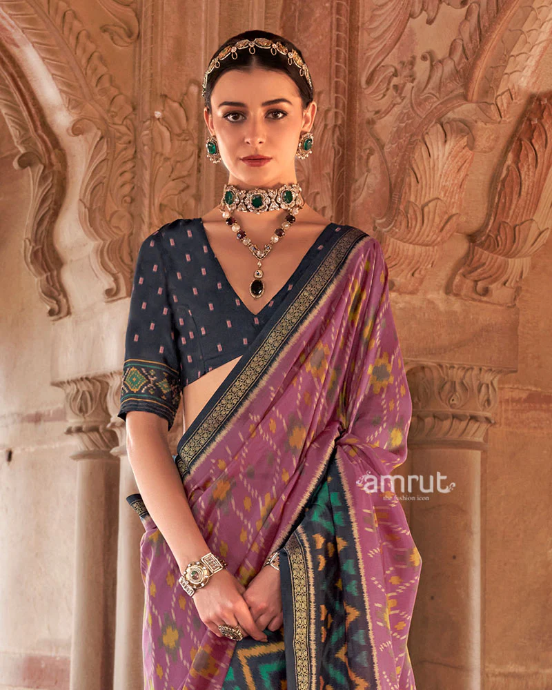 Lavender and Teal  Ikat Patola Printed Saree with Unstitched Blouse - Image 2