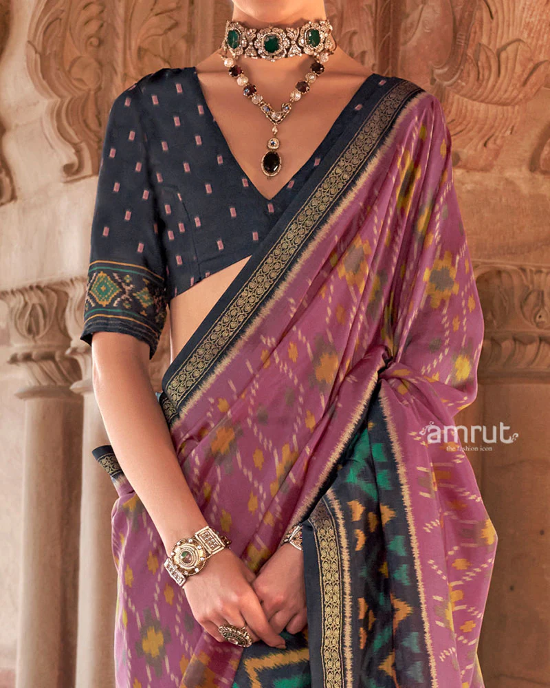 Lavender and Teal  Ikat Patola Printed Saree with Unstitched Blouse - Image 3