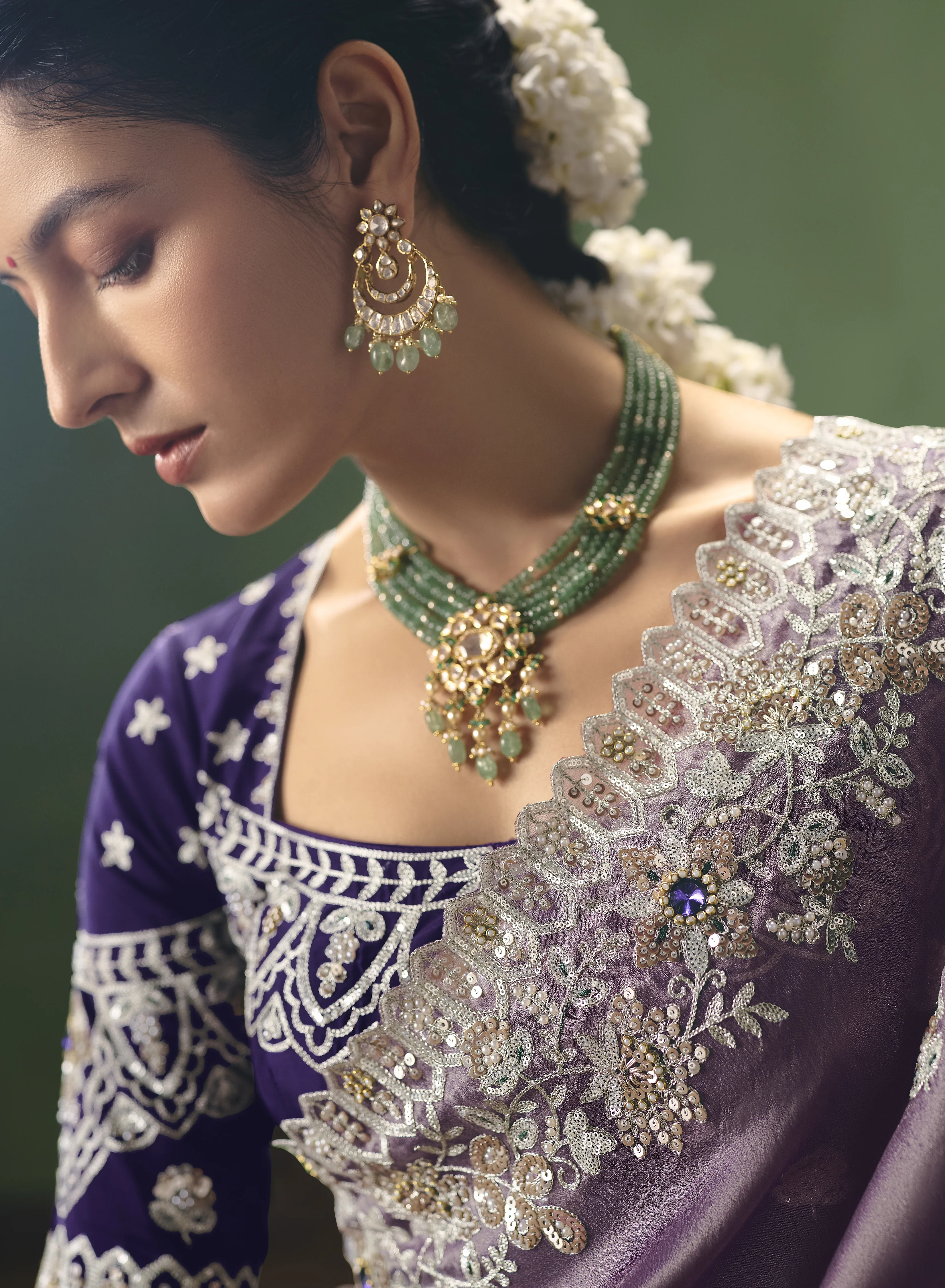 Lavender Designer Embroidered Saree with Contrast Blouse - Image 2