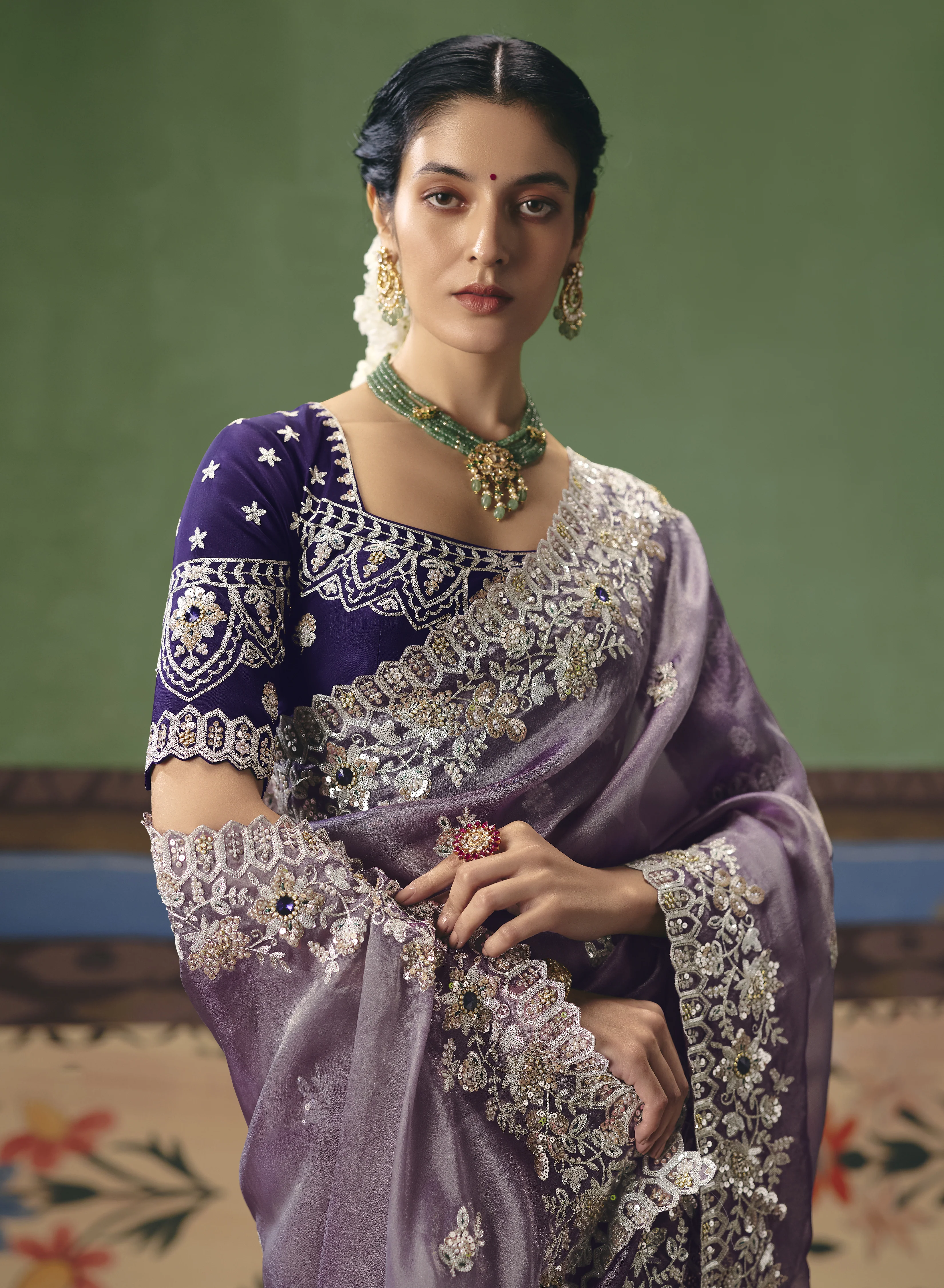Lavender Designer Embroidered Saree with Contrast Blouse - Image 5